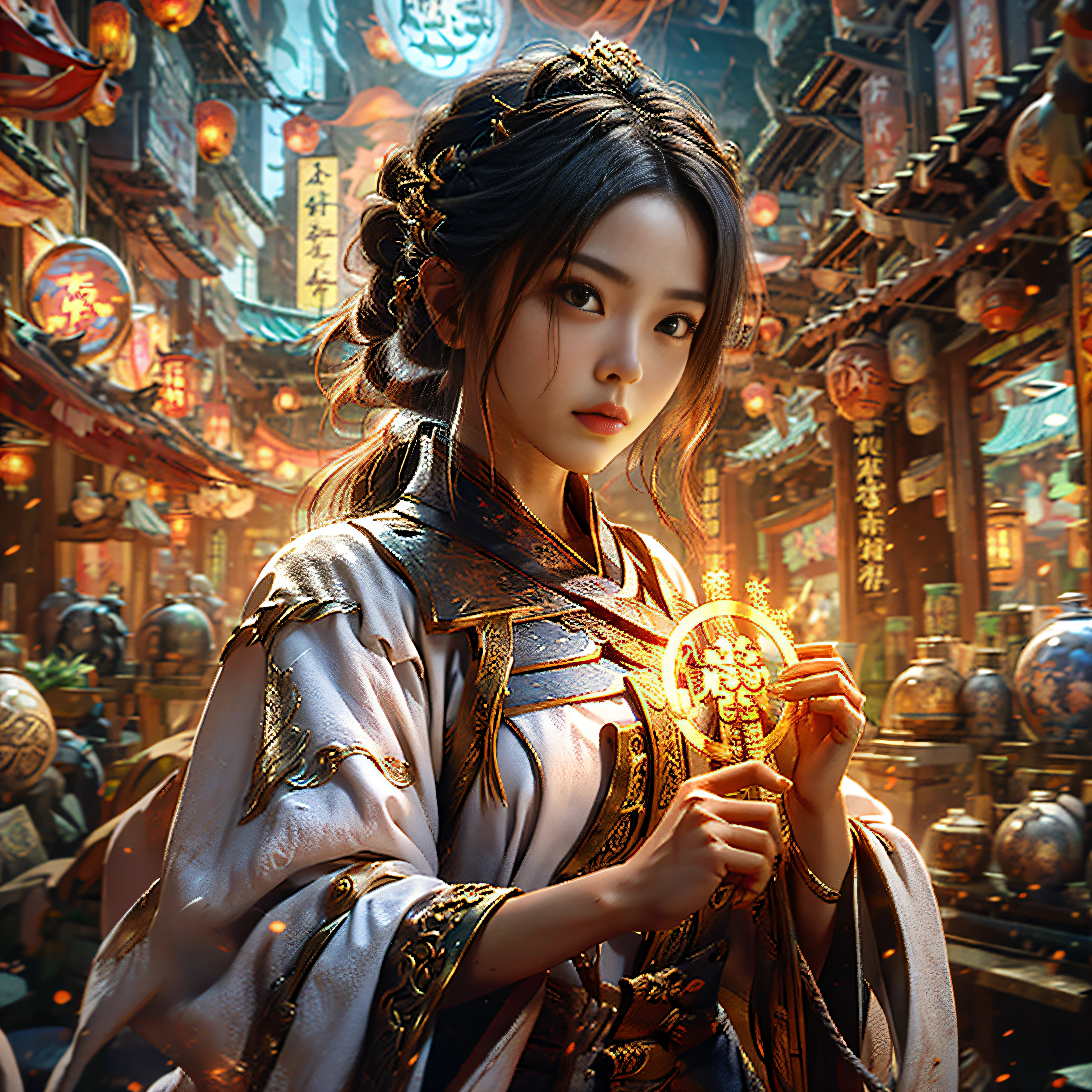Best Quality, Masterpiece, Ultra High Resolution, (Realistic: 1.4), Xiuxian, Weapon, Detailed Face, .1 Girl, Solo, Weapon, (Magic Circle: 1.2), Xiuxian, Upper Body, Beautiful Girl, East Asian Architecture, Sheath, Architecture,.