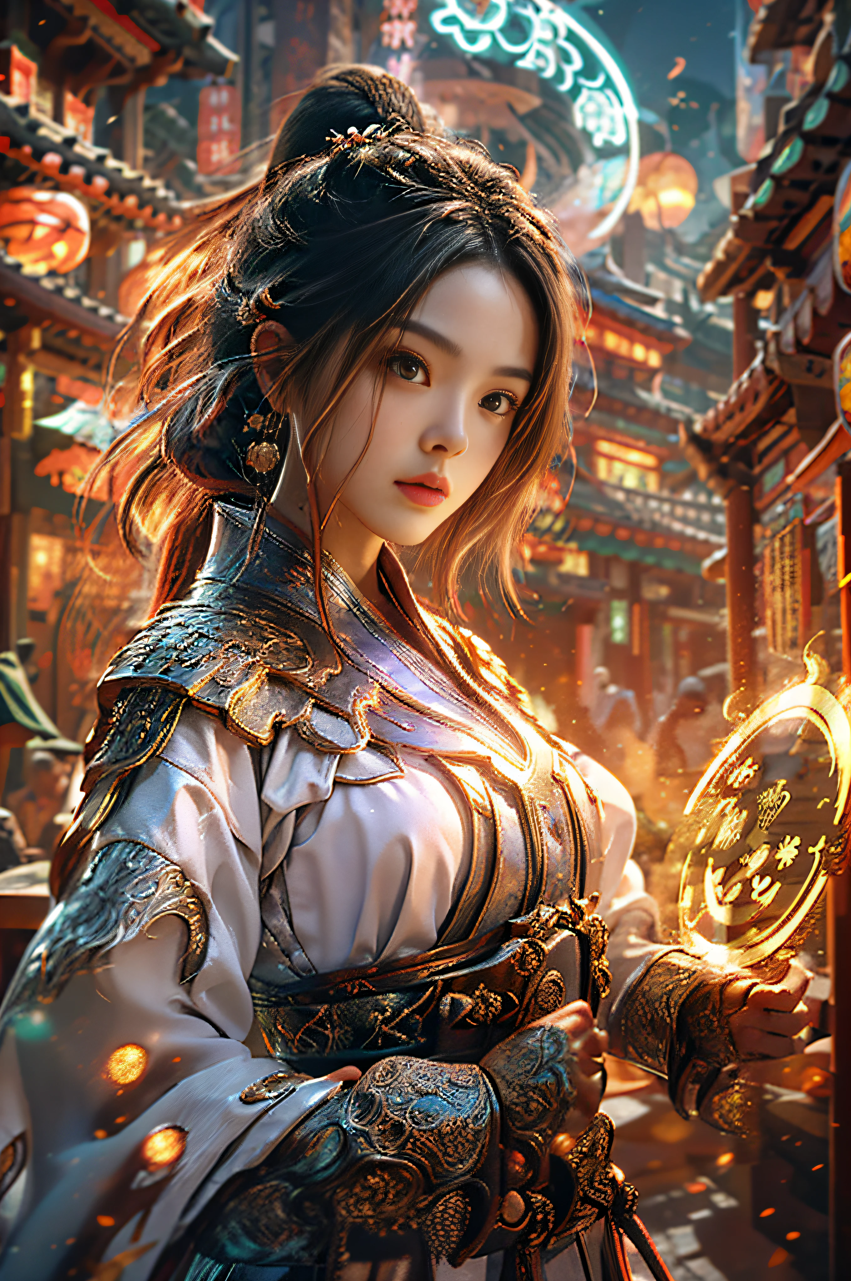 Best Quality, Masterpiece, Ultra High Resolution, (Realistic: 1.4), Xiuxian, Weapon, Detailed Face, .1 Girl, Solo, Weapon, (Magic Circle: 1.2), Xiuxian, Upper Body, Beautiful Girl, East Asian Architecture, Sheath, Architecture,.
