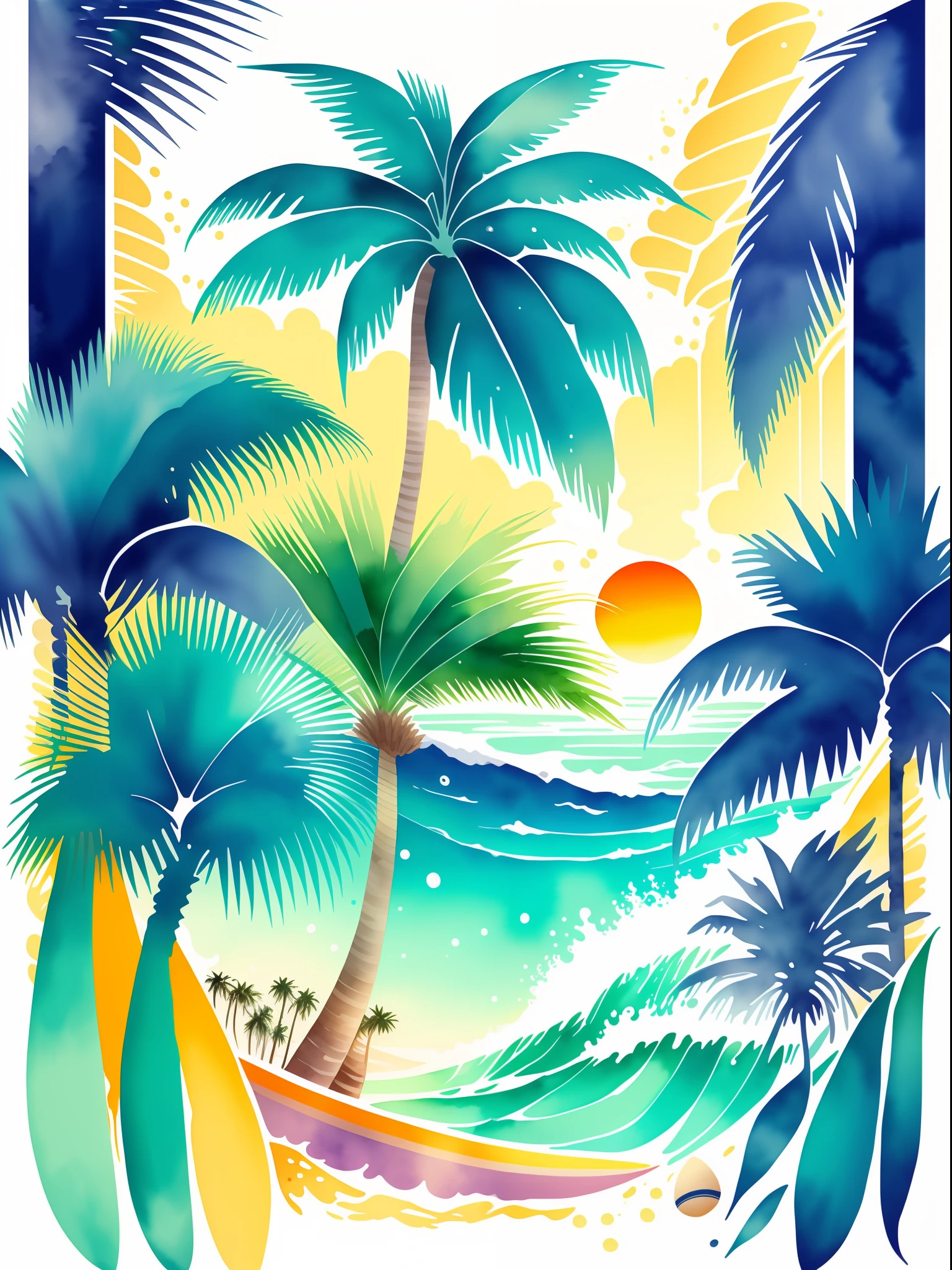 Get Beach Ready with Surf Summer Vibes: Tropical Palm Trees Swaying in the Breeze, Dynamic Watercolor Splashes Mimicking Ocean Sprays,Fresh Color Palette Evoking Warmth and Sunshine,Trendy Hand-drawn Illustrations of Surfboards and Seashells,T-shirt design graphic,isolated,vector image,Illustration ,contour ,white background