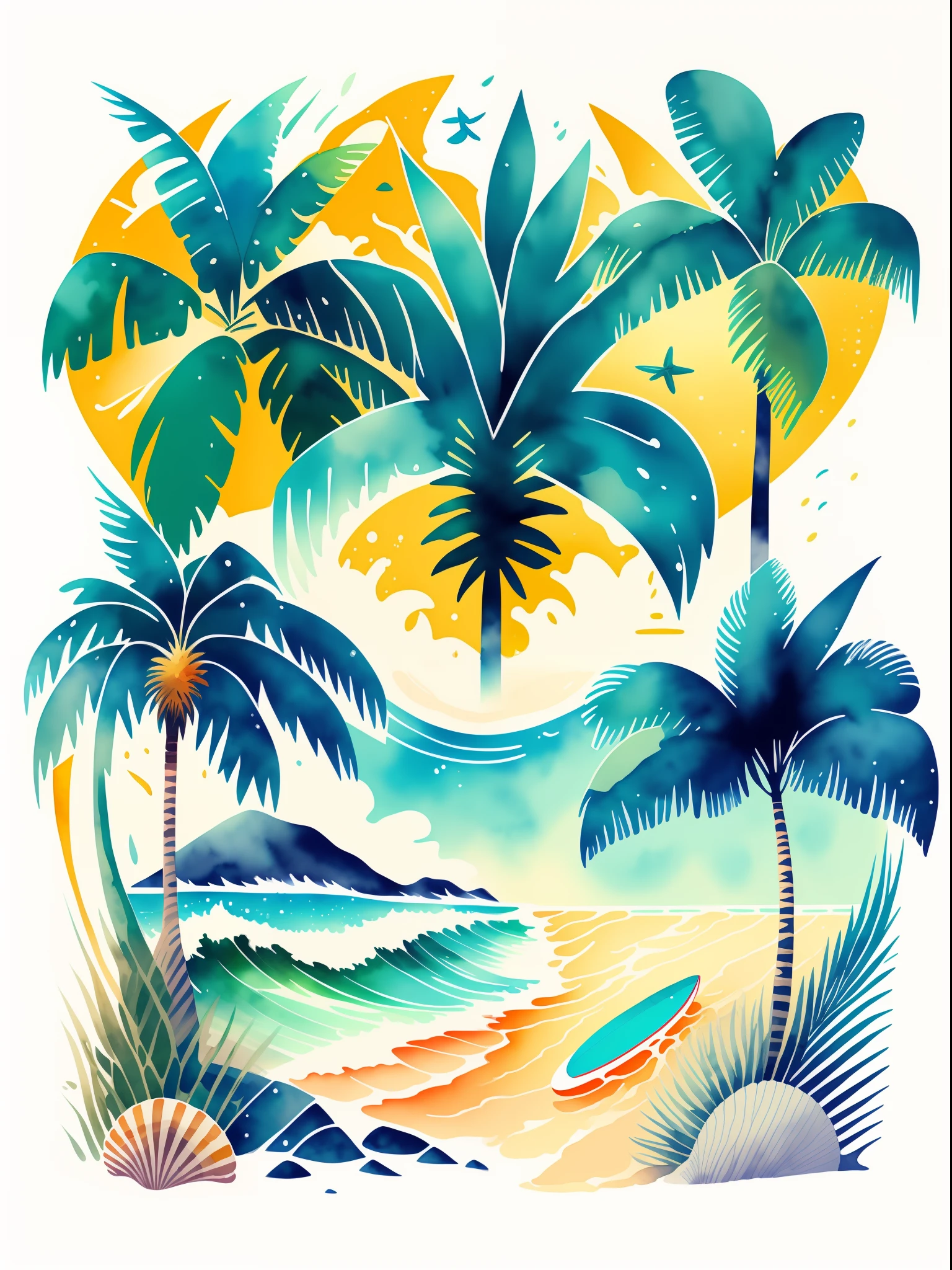 Get Beach Ready with Surf Summer Vibes: Tropical Palm Trees Swaying in the Breeze, Dynamic Watercolor Splashes Mimicking Ocean Sprays,Fresh Color Palette Evoking Warmth and Sunshine,Trendy Hand-drawn Illustrations of Surfboards and Seashells,T-shirt design graphic,isolated,vector image,Illustration ,contour ,white background