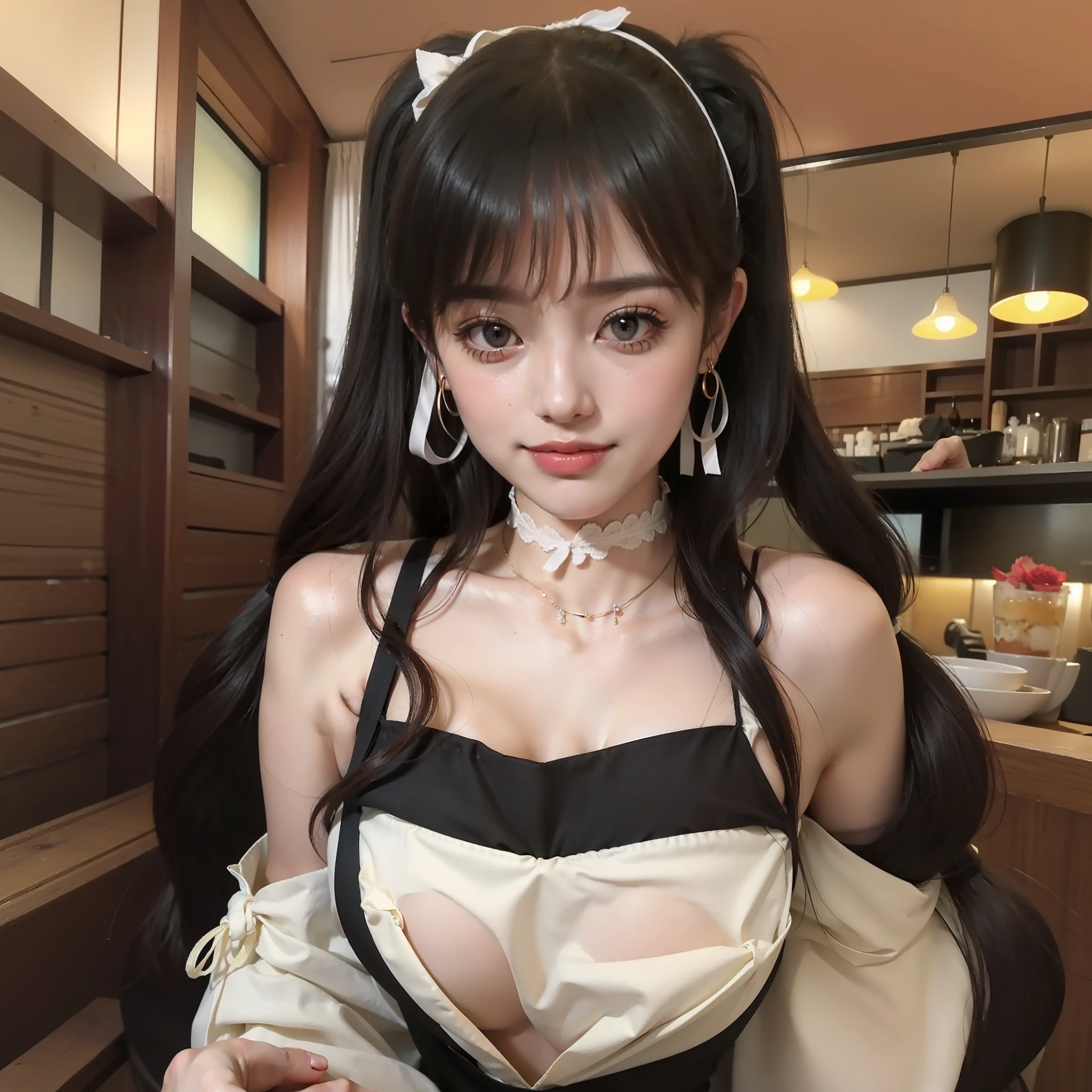 1girl(Rose)(Rose)(Rose), (2 men 0 years old:1.2), girl cute, famous japanese idol, Adorable, NSFW,, 、、、sexy, hetero、、、, nipple,,,, topless,,,,,,, extremely detailed nipple, (large breasts:1.4), Breast cleavage、, realistic body, Little, Fair skinned, glossy skin, slender body, good figure, dark black hair,, (Twin tails:1.2), (wavy hair:1.2), (dull bangs:1.2), smile、、、, naked, enmaided Cutes, young、、、, cuteface, pretty face, realistic faces, make up,,,, powder blusher, beautifully detailed eyes, drooping eyes, round eyes, (beautiful big eyes:1.2), large dark eyes, beautiful and clear eyes, eye make up, eye shadow, double eyelid, tear bag, (white thong:1.2), choker, Earrings, jewelry, (hair ribbon:1.2), Looking at Viewer, cowboy Shot, facing, Dynamic Pose, standing, Front View, indoors, cafe, coffee shop, bar,stick out ass、Facing backwards、Facing over there