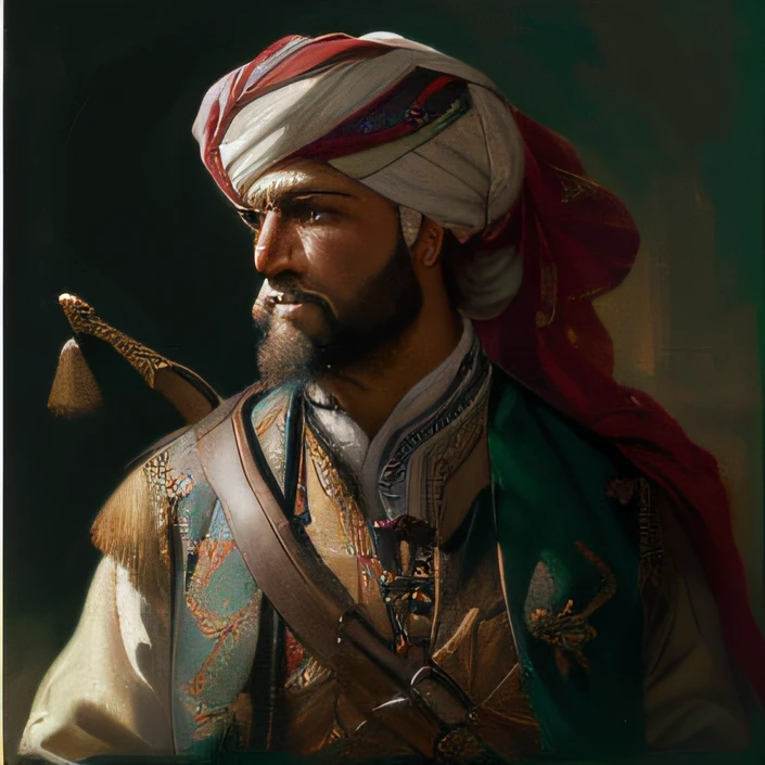 (masterpiece, best quality, ultra-detailed, best shadow), (detailed background, portrait, side view, medieval portrait, oil painting style, oil painting, looking at viewer, renaissance painting, expressionless), (handsome detailed face, masculine features, mature face, strong jawline),  (best illumination), ((cinematic light)), colorful, hyper detail, dramatic light, intricate details, (man named Youssef, dark-skinned male, beard, brown eyes, short black hair, crown, royal, emperor)
