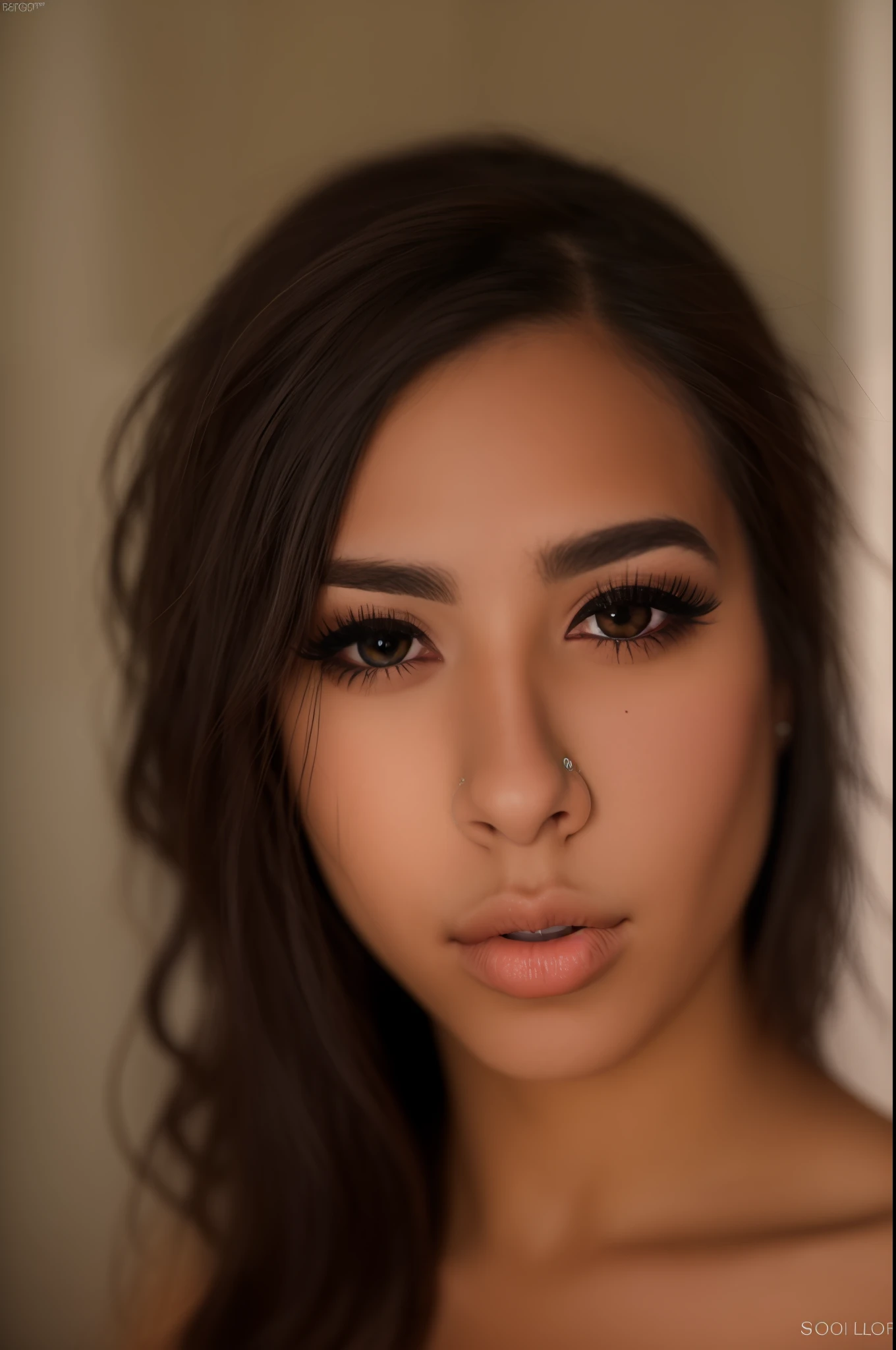 1girl, black_hair, blurry, blurry_background, blurry_foreground, brown_eyes, depth_of_field, eyelashes, lens_flare, lips, looking_at_viewer, mole, mole_under_eye, nose, realistic, solo