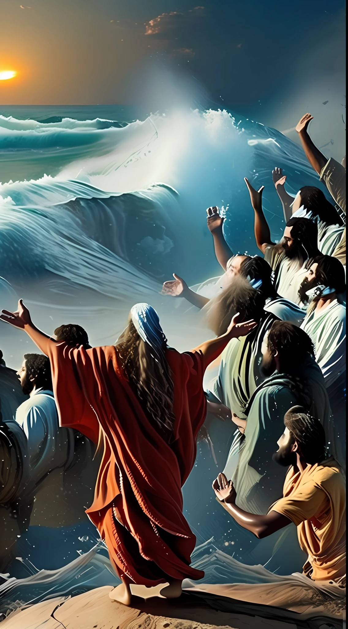 (true image), (beautiful image), Moses raised his hands to the Red Sea as a cajador, God parted the waters with a strong easterly wind to allow the escape of the Hebrew people through the middle of the sea on a dry road.