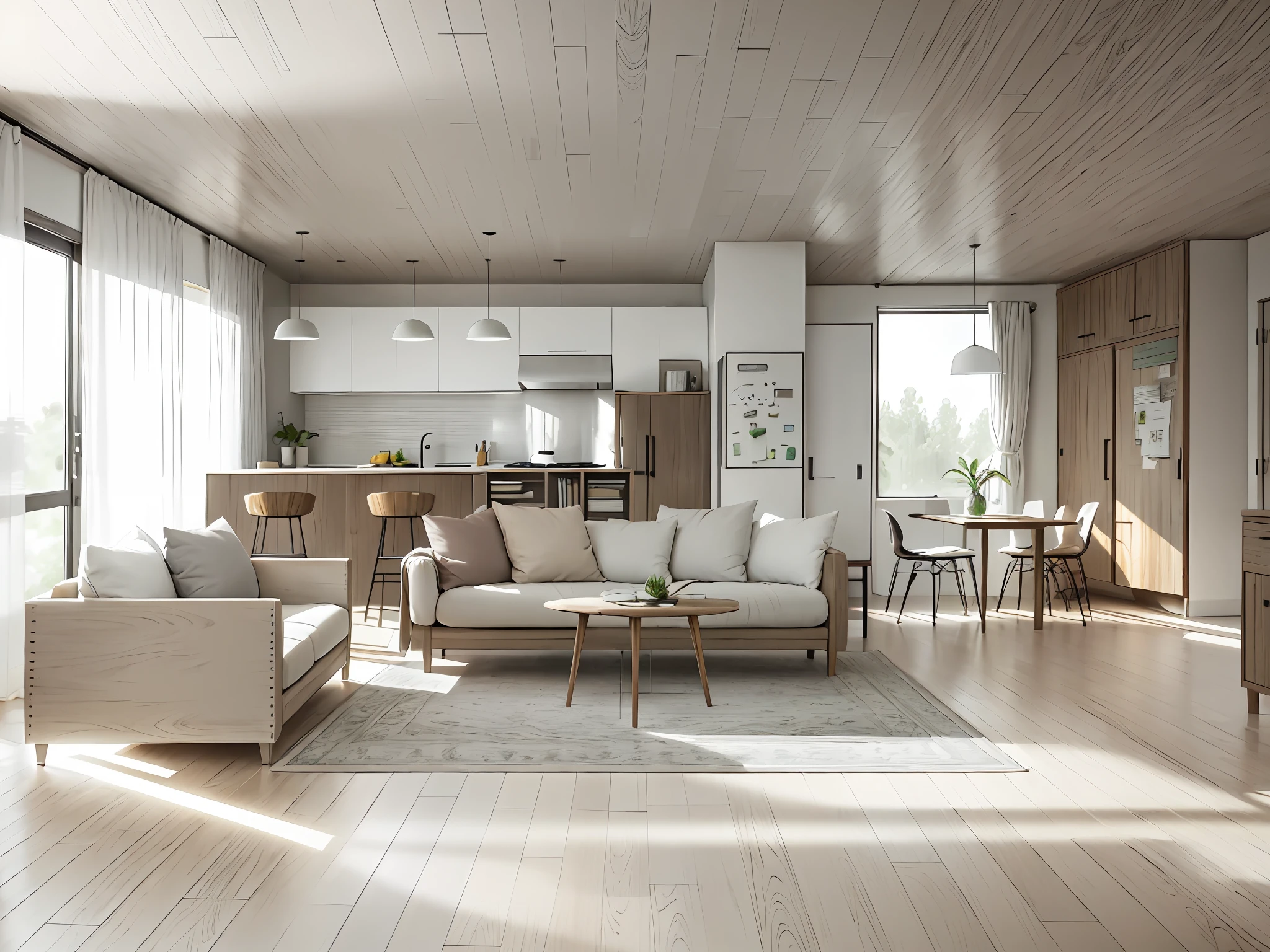 Design in high resolition, living and kitchen, television 75", sofa 4 meters gray, gray carpet, dark woody floor, walls and ceiling with gray colors, green decoration, external and indirect lighting.