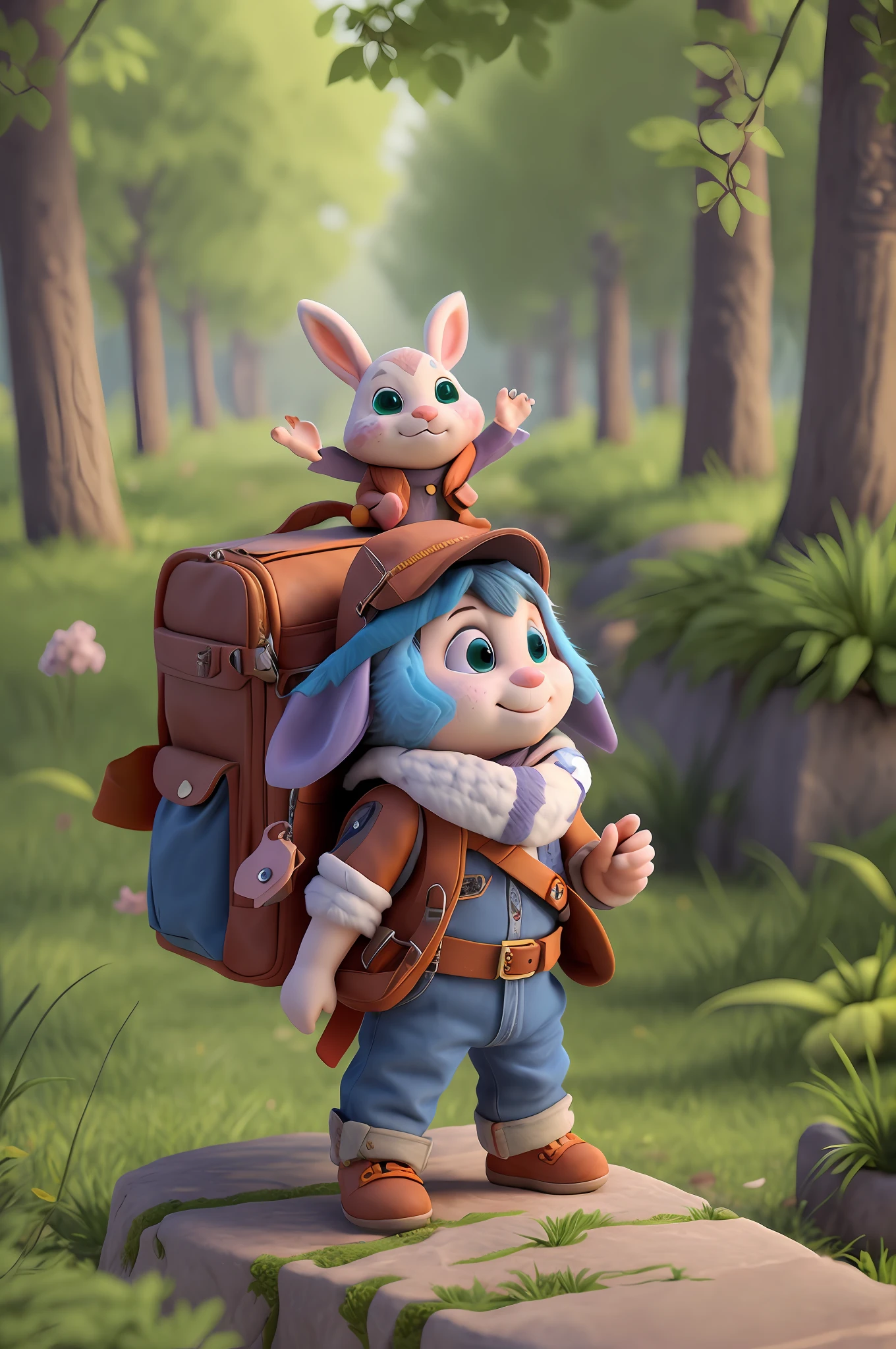 There is a cartoon character who is carrying a backpack, cute 3D render, children's art in ArtStation, cute detailed digital art, explorer, stylized 3D render, hyper realistic render adventure, adorable digital painting, rabbt_character, stylized 3D render, Beeple and Jeremiah Ketner, stylized 3D, cute character