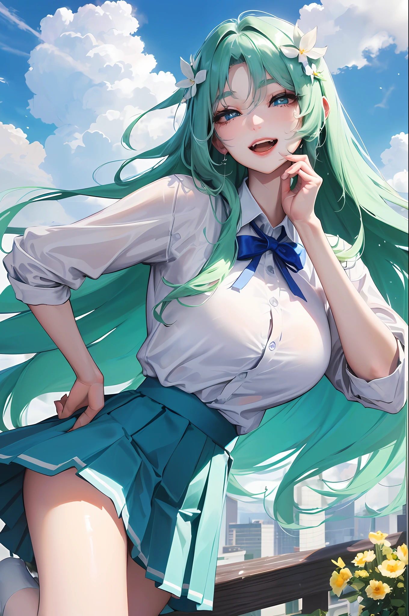 1 girl,Solo,Official Art, Masterpiece, Sharp Focus, (Beautiful gorgeous cute korean woman:1.3), (beautiful cute korean woman:1.3), korean beauty, delicate and beautiful hair and eyes and face, realistic, super detailed, beautiful girl, blue sky, glowing white particles, (side light:1.2), sunshine, white clouds, fine clouds, slender, pretty breasts and big ass, show your teeth and smile, ((laughing with eyes, open both eyes)), scenery, long straight hair, sexy look, building, (cityscape: 1.7), dynamic hair, long straight hair, detailed platinum mint green hair, shining blue eyes, (blue pleated shirt + white skirt), white long socks, white skin, hair ornament, magnificent landscape,