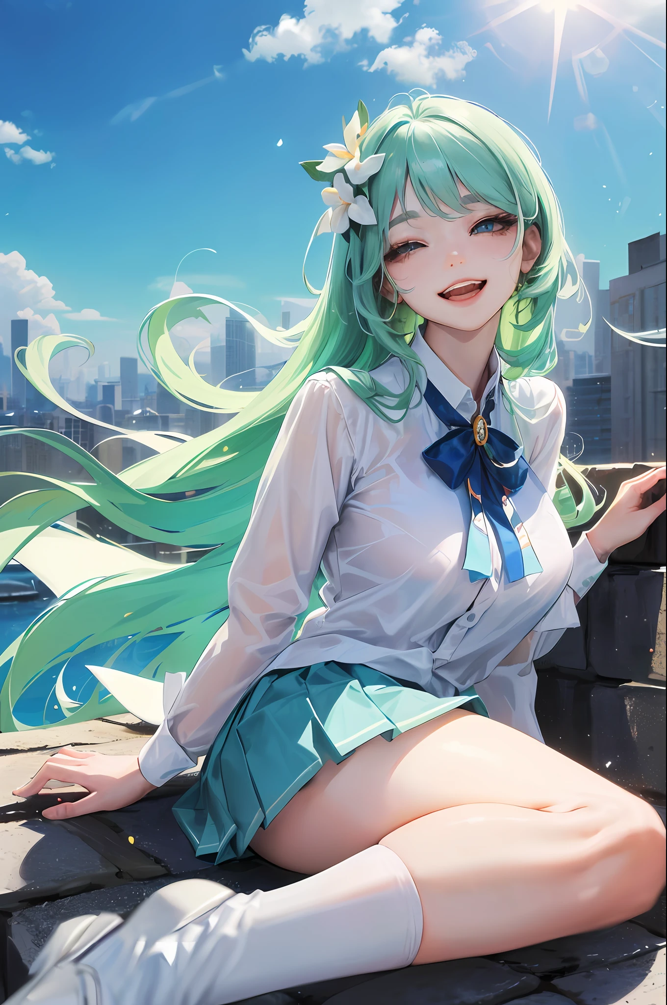 1 girl,Solo,Official Art, Masterpiece, Sharp Focus, (Beautiful gorgeous cute korean woman:1.3), (beautiful cute korean woman:1.3), korean beauty, delicate and beautiful hair and eyes and face, realistic, super detailed, beautiful girl, blue sky, glowing white particles, (side light:1.2), sunshine, white clouds, fine clouds, slender, pretty breasts and big ass, show your teeth and smile, ((laughing with eyes, open both eyes)), scenery, long straight hair, sexy look, building, (cityscape: 1.7), dynamic hair, long straight hair, detailed platinum mint green hair, shining blue eyes, (blue pleated shirt + white skirt), white long socks, white skin, hair ornament, magnificent landscape,