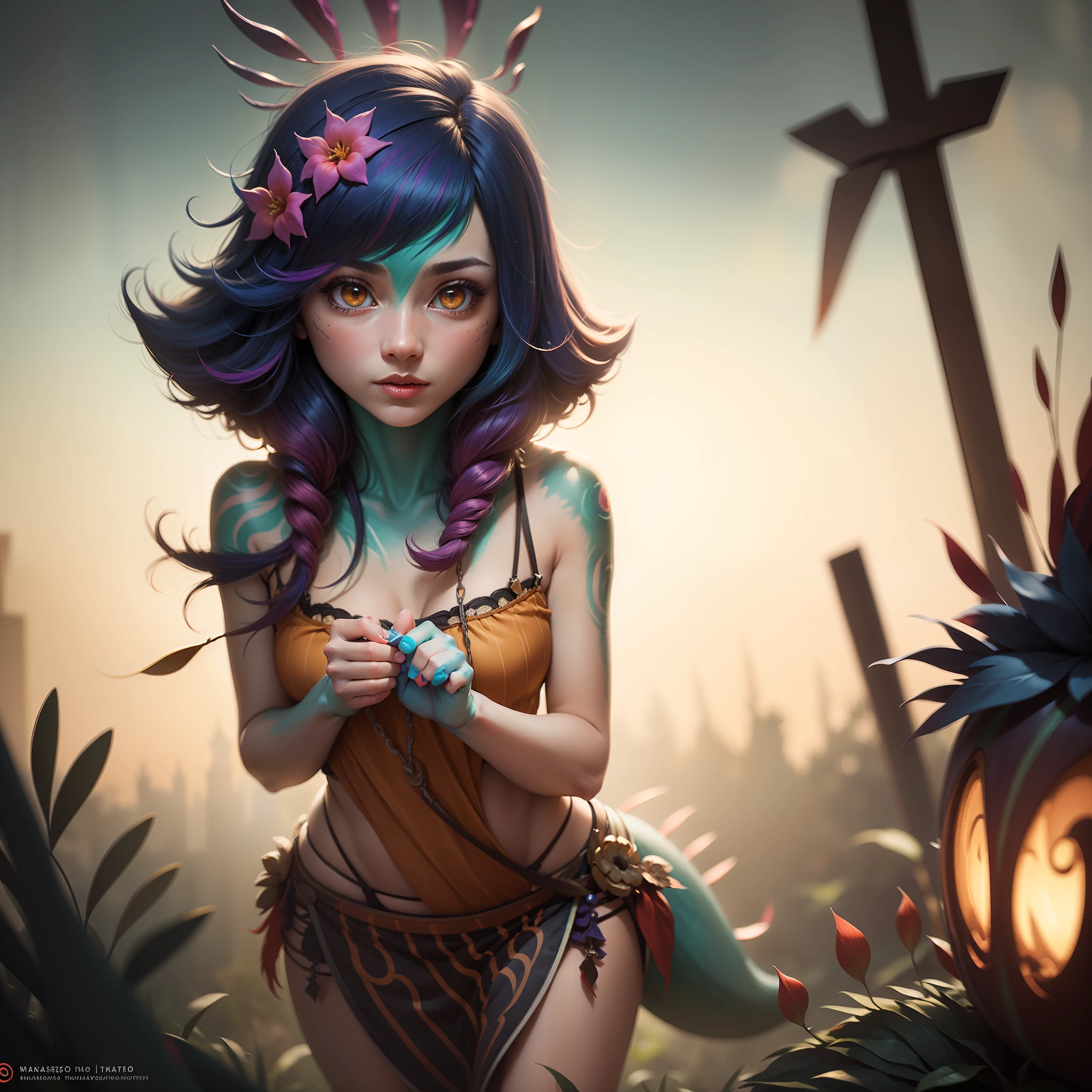 ((masterpiece, best quality, detailed)), 1girl, solo,neeko, gradient hair, multicolored hair, striped hair, printed hair, looking at the viewer, multicolored eyes