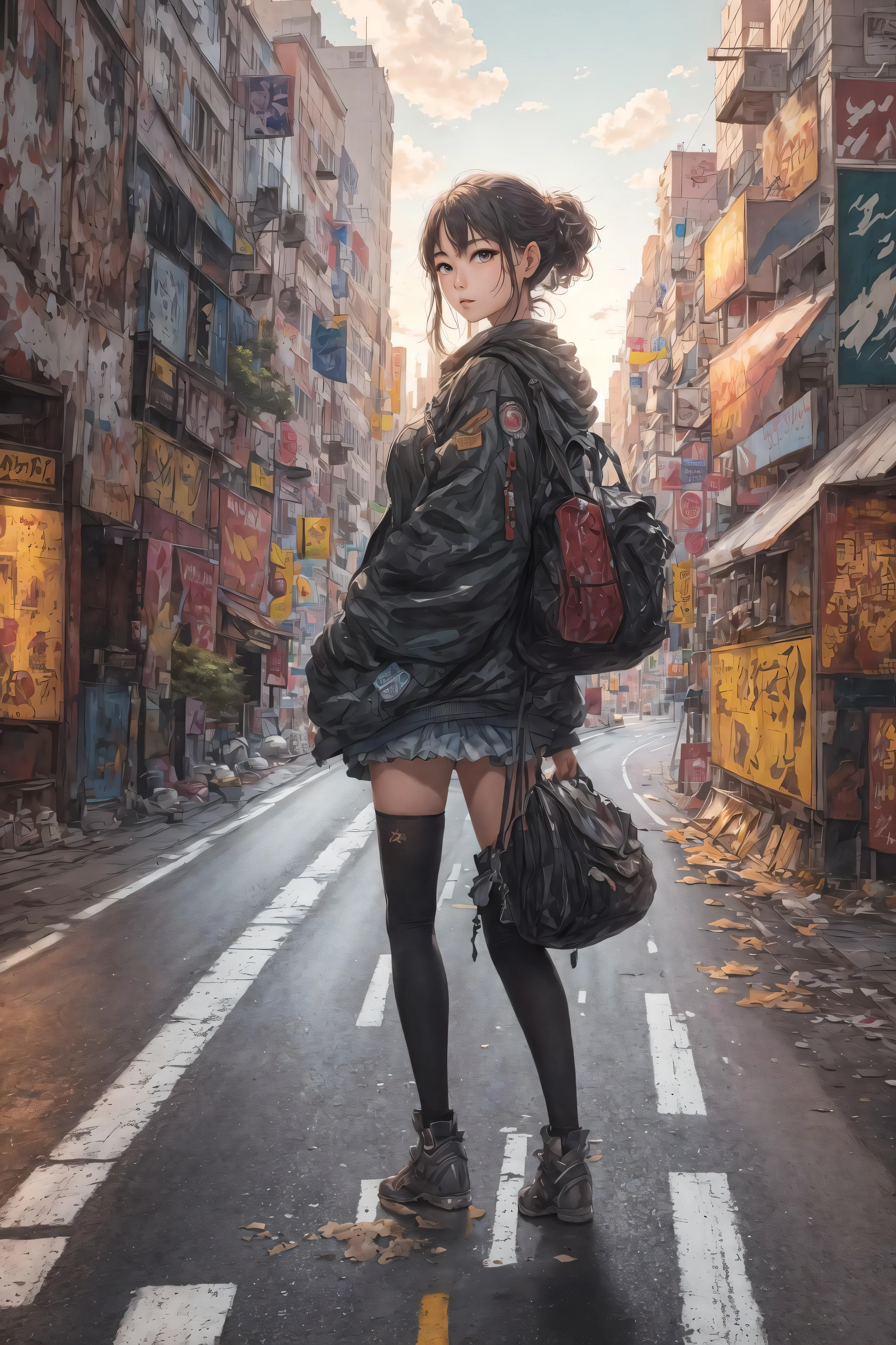 masterpiece,best quality,1girl,solo,ultra high detailed face,city,road