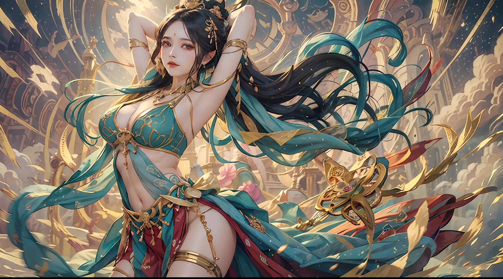 a mature female, ethereal, goddess, large breasts, vivid color, dunhuang_cloths, bare shouders, perfect female figure, tall figure, arms up, armpits, thighs, expressionless, [light smile:0.6], trending on Art Station, masterpiece, 8k resolution, fantasy art,