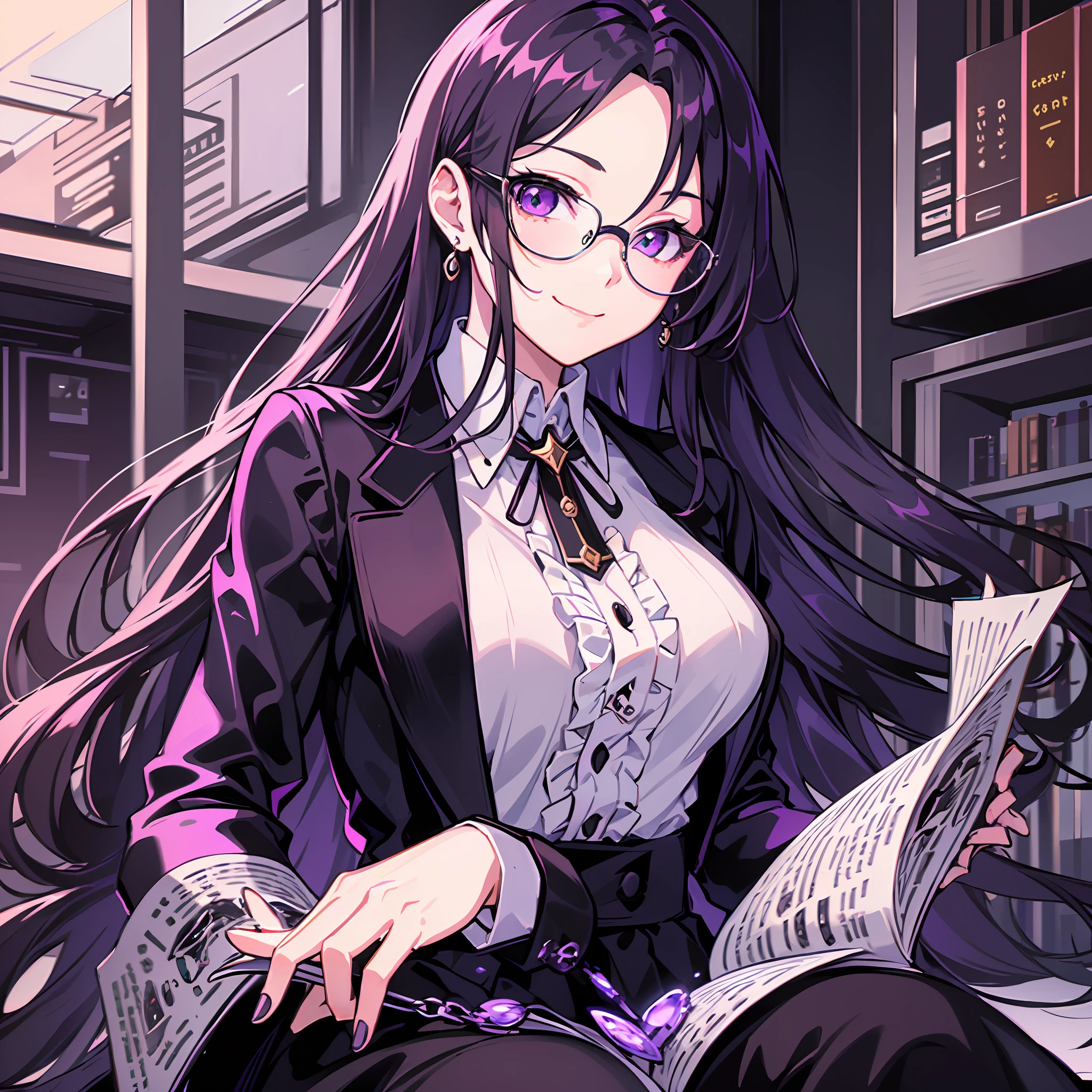 long hair, elegant clothes, fine glasses, adult woman anime, long stockings, smile, charming look, 2d, mature woman, anime style, purple eyes, dark violet hair, wavy hair, elegant hair, adult woman, long black skirt, mature girl, holding a book, anime face, detailed eyes, beautiful face, stop, white shirt, dark hair, sensual,k 2d style