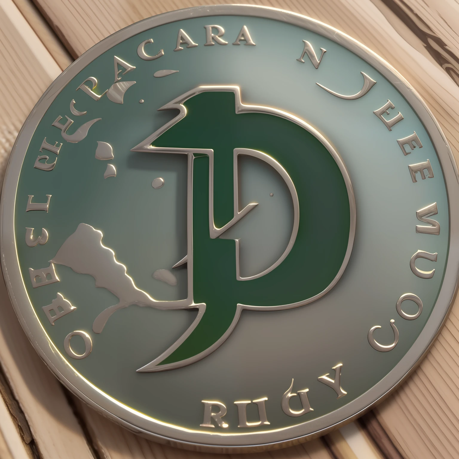 Bright and realistic green coin with the letter "R" in the center, front, green metal
