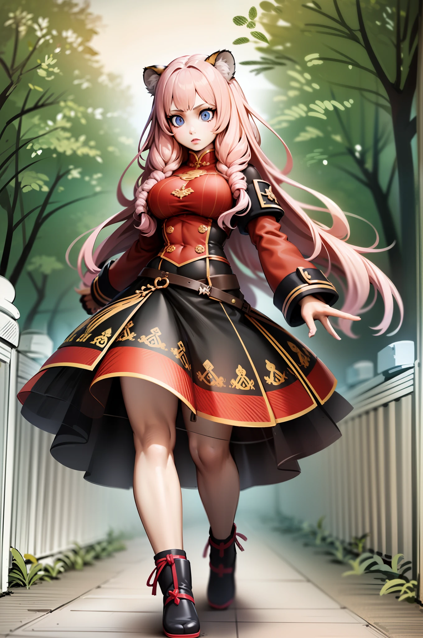 little girl, tiger ears, tiger tails, martial art, medium chest, pink hair, skirt, jacket, godess,1girl,coat,walking, solo focus.1character, holy catholic mountain,, goddess, fantasy, mid long skirt