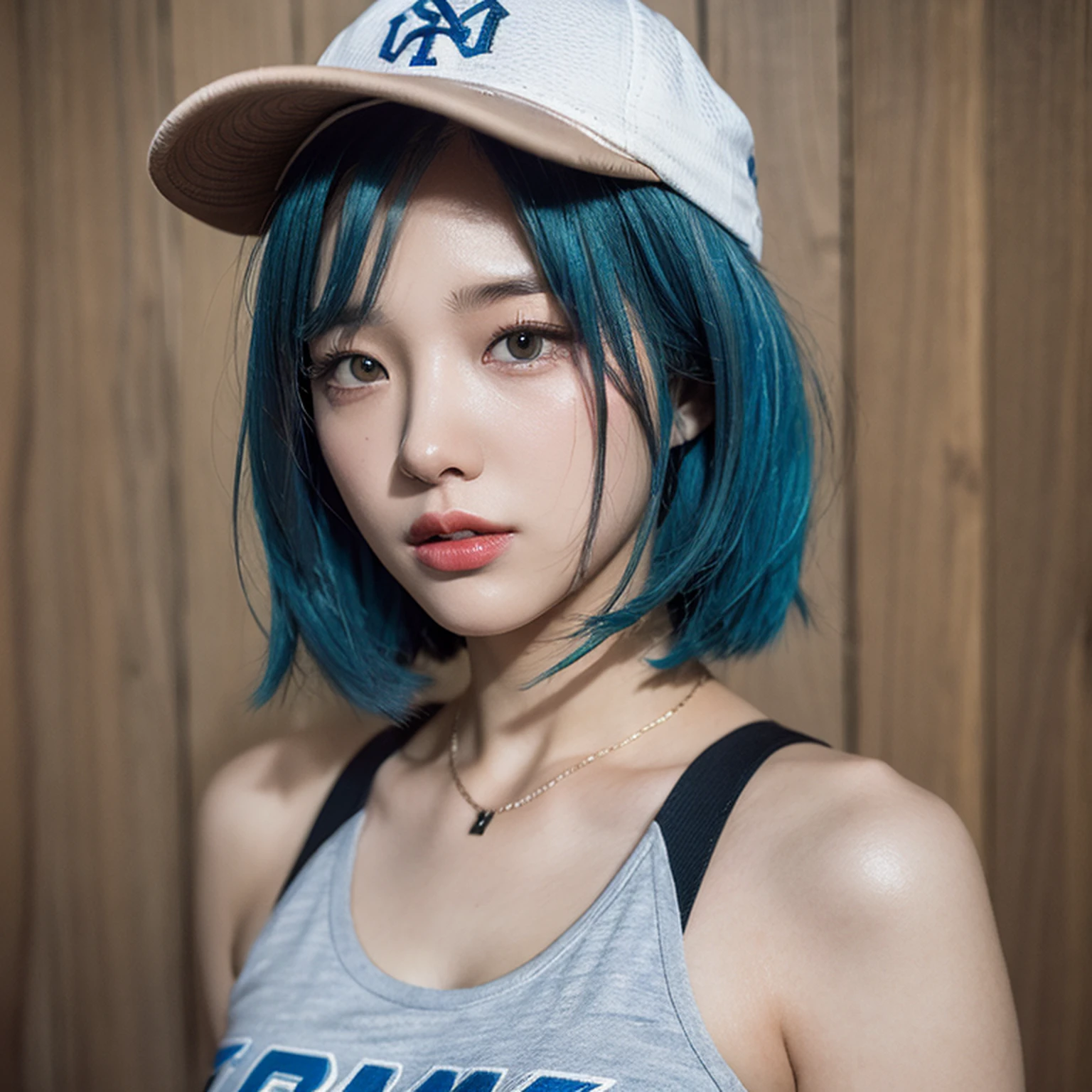 textured skin, masterpiece, best quality, (cinematic lighting), [sparkle], ((t shirt)), (baseball cap), blue hair, bob cut, (run)