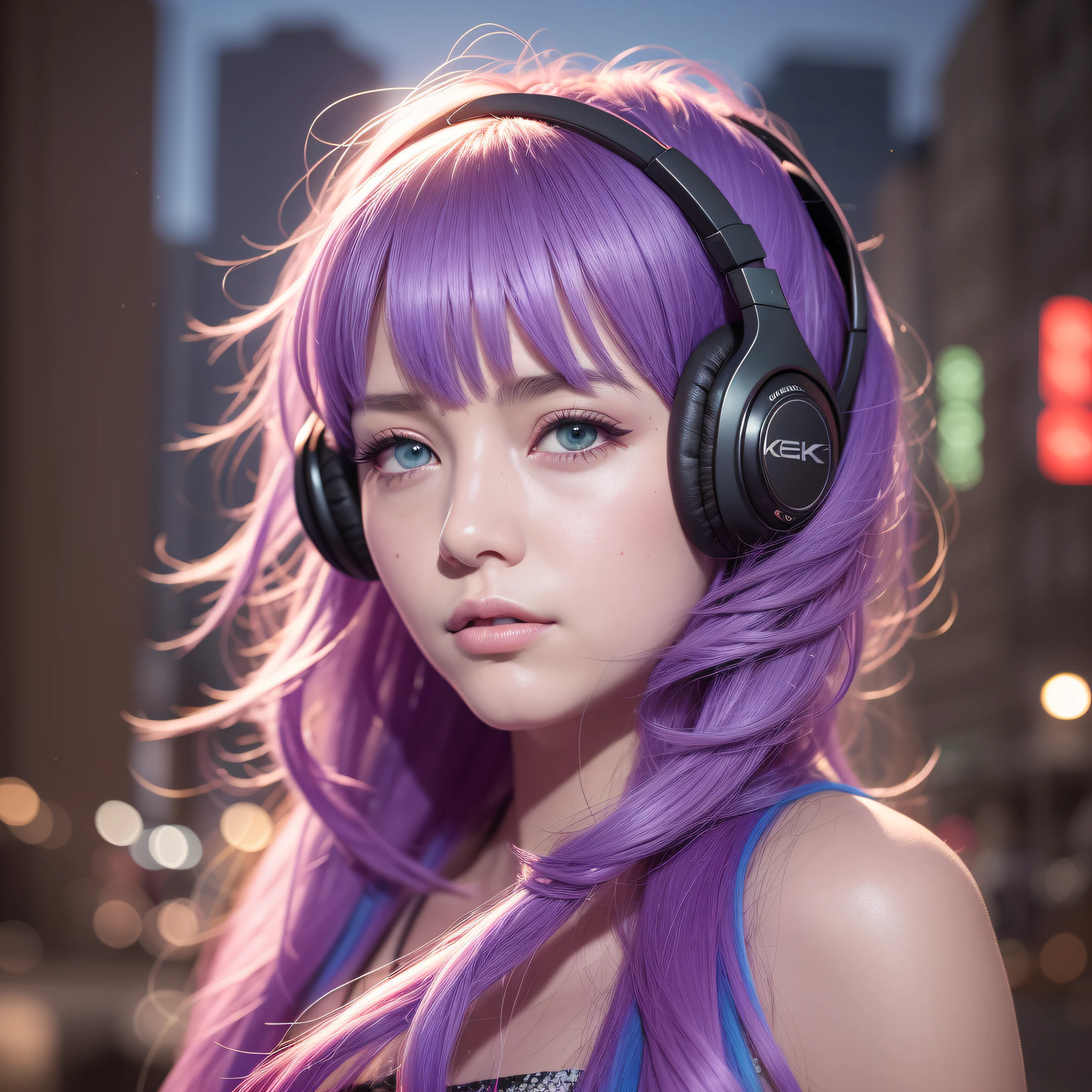 girl with headphones ,hair rainbow eyes red cyberpunk,8K extremely detailed, smooth, high resolution, ultra quality, highly detailed eyes, highly detailed mouth, highly detailed face, perfect eyes, both eyes are equal, true light, brightness, iridescent, global lighting, real hair movement, real light, real shadow, real face, hd, 2k, 4k, 8k, 16k,  realistic light, realistic shadow, bright eyes, fluorescent eyes, soft light, dream light,Anime, 3D, Japan, Pixar, masterpiece, best quality, , portrait, night city with one in lamborghin background