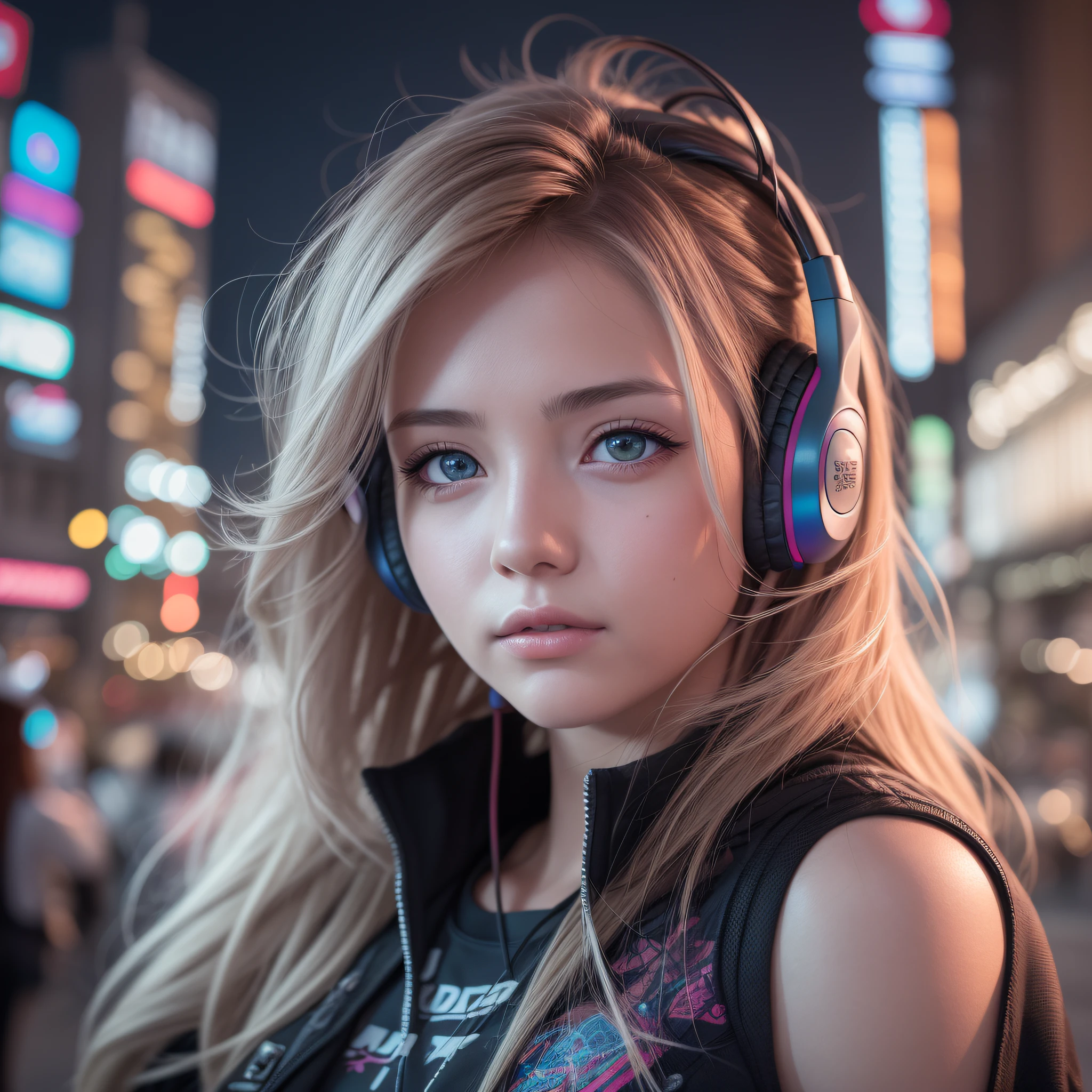 girl with headphones,hair color rainbow eyes red cyberpunk,8K extremely detailed, smooth, high resolution, ultra quality, highly detailed eyes, highly detailed mouth, highly detailed face brightness, iridescent, global lighting, real hair movement, real light, real shadow, real face, hd, 2k, 4k, 8k, 16k, realistic light, realistic shadow, bright eyes, fluorescent eyes,  soft light, dream light,anime, 3d, japan, pixar, masterpiece, best quality, , portrait, night city with one at lamborghin background