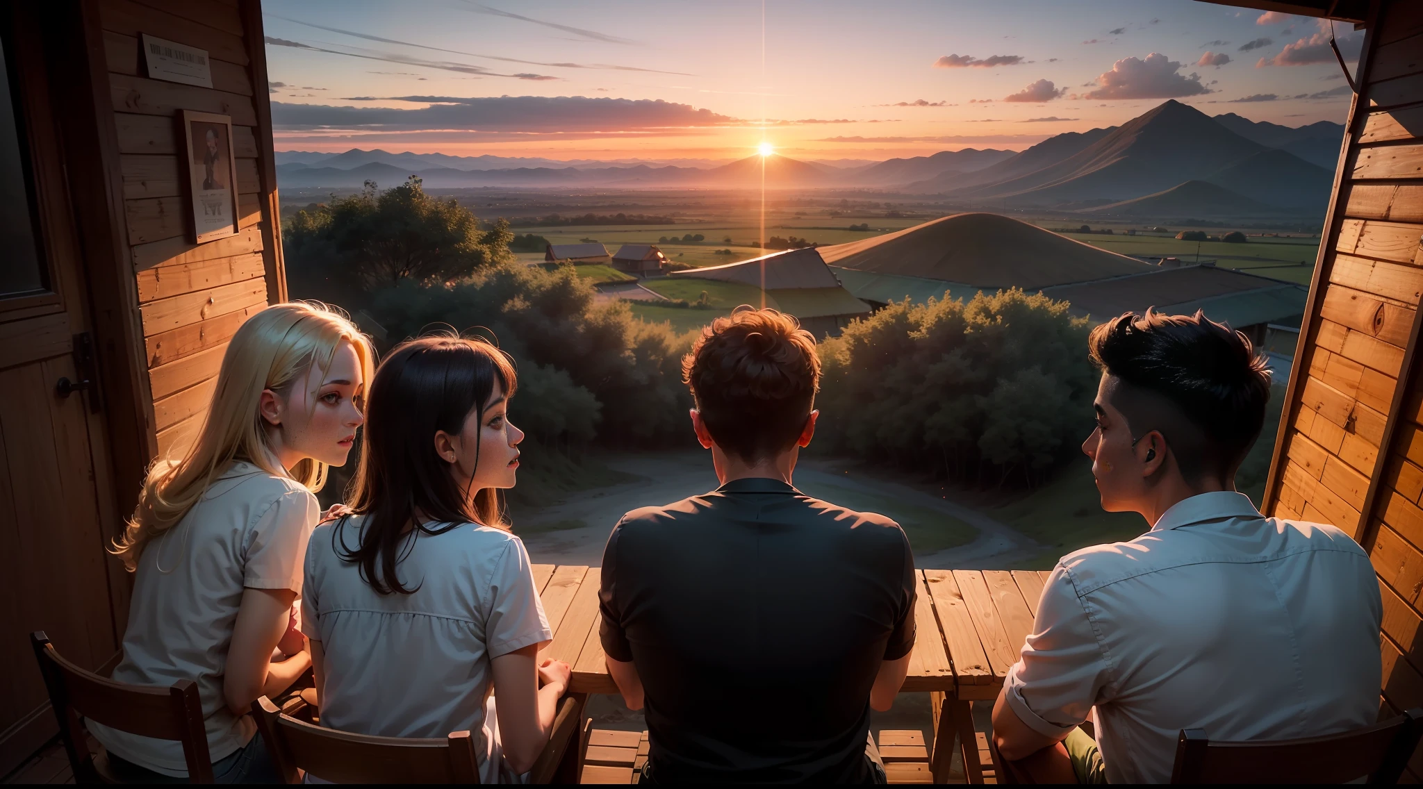 Three men and two women watching the sunset from the hut in a secluded place