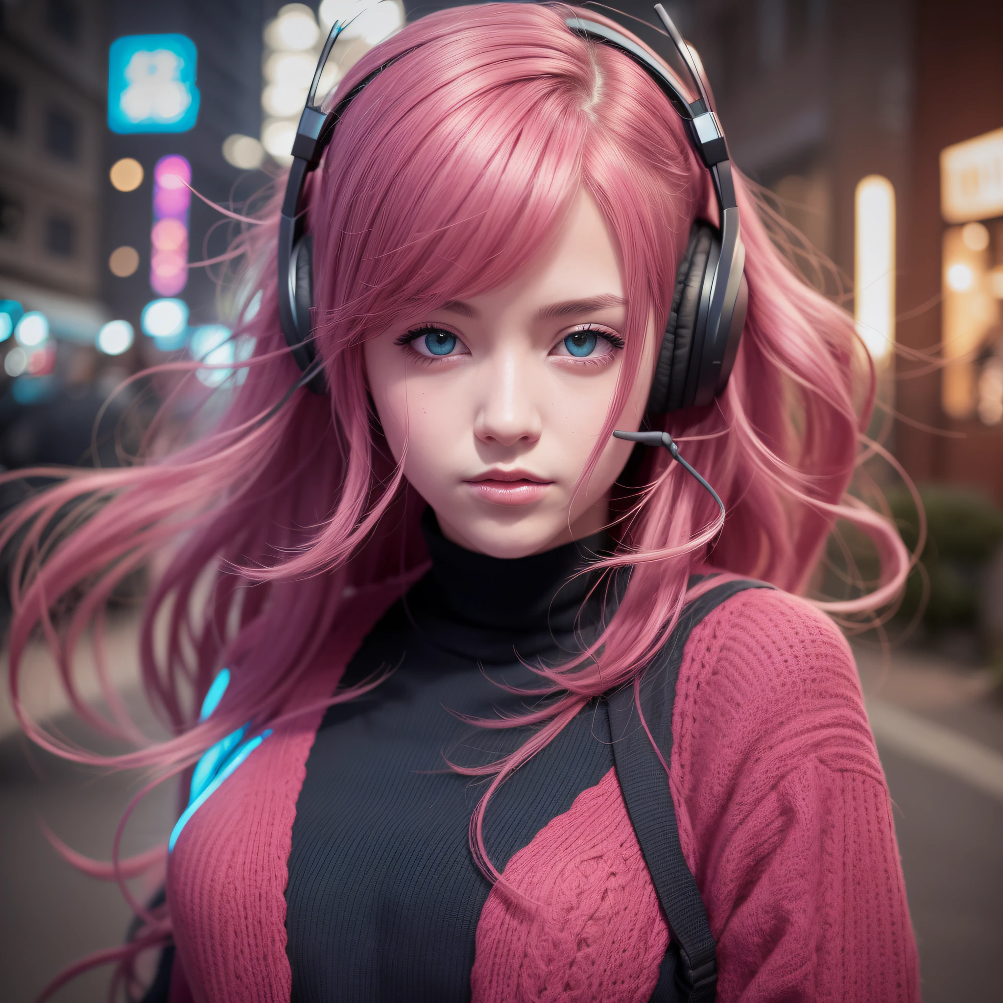 girl with headphones,hair color rainbow eyes red cyberpunk,8K extremely detailed, smooth, high resolution, ultra quality, highly detailed eyes, highly detailed mouth, highly detailed face brightness, iridescent, global lighting, real hair movement, real light, real shadow, real face, hd, 2k, 4k, 8k, 16k, realistic light, realistic shadow, bright eyes, fluorescent eyes, soft light, dream light,anime, 3d, japan, pixar, masterpiece, best quality, , portrait, night city with one at lamborghin background