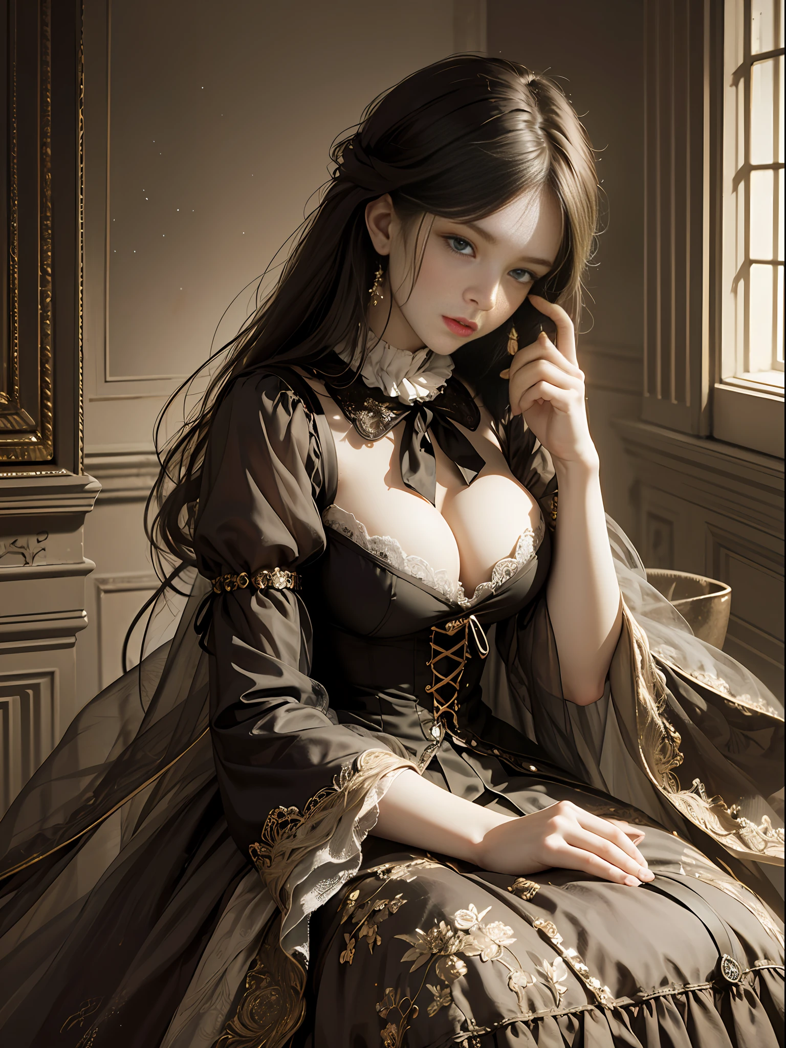 (Pure Color: 0.9), (Color: 1.1), (Masterpiece: 1,2), Top Quality, Masterpiece, High Resolution, Original, Highly Detailed Wallpaper, Beauty, Victorian, Dress, Melancholy, Big Breasts, Sepia Color, 40 years old --auto --s2
