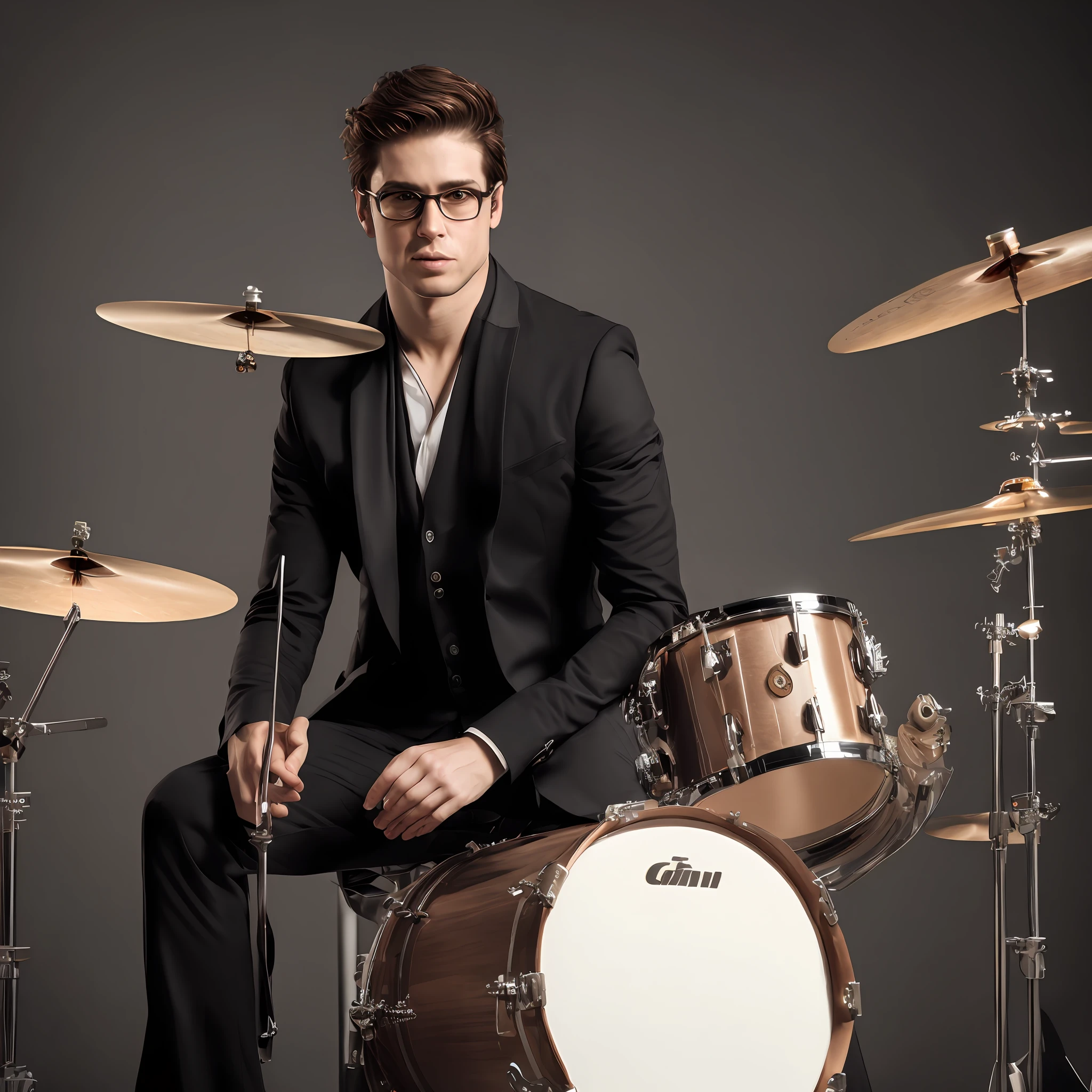 Male drummer posing on ((a stage)), wearing a (black suit), pants, (stylish social), (eyeglasses), man (drummer) (((stunning light brown eyes)), light brown hair color, in perfect figure, very detailed face and skin texture, detailed eyes, perfect anatomy, (full body photo), Canon 5D, 80mm lens, sharp focus, f/4, ISO 200, 1/250 shutter, beauty lighting, raw, HDR, intricately detailed, award-winning photography, good contrast, high sharpness, facial symmetry, bokeh, ultra-detailed photography, (masterpiece) --auto