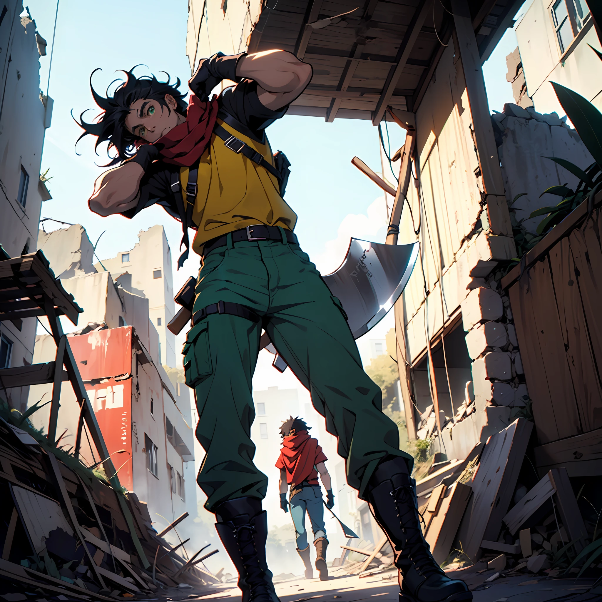 A boy, tall, black hair, abundant disheveled hair, brown skin, green eyes, a scar on his left eye, blue pants, high black boots, red scarf, yellow shirt, high black gloves, young, carrying an axe, apocalyptic background, Ruins, anime, 2d, cartoon, comic --maturemalemix