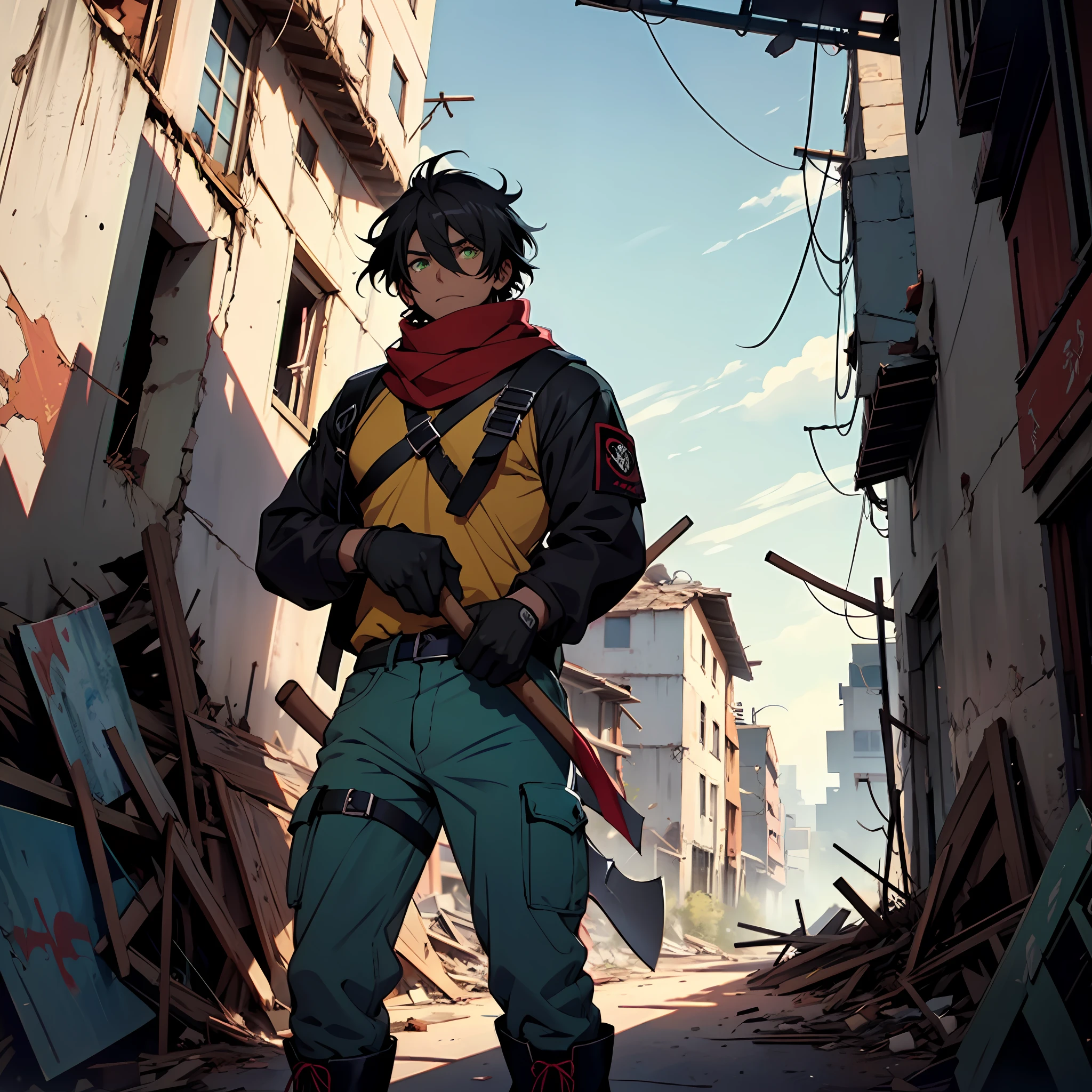 A boy, tall, black hair, abundant disheveled hair, brown skin, green eyes, a scar on his left eye, blue pants, high black boots, red scarf, yellow shirt, high black gloves, young, carrying an axe, apocalyptic background, Ruins, anime, 2d, cartoon, comic --maturemalemix