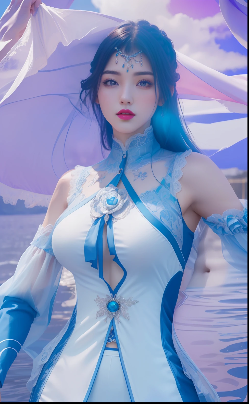 (masterpiece, best quality, extremely detailed 8k, ultra hd, ultra-detailed, highly detailed, highly realistic, ultra-realistic, photo realistic), (1girl:1.5), (detailed realistic skin), (realistic big breasts), (pink lipstick), slender abs,