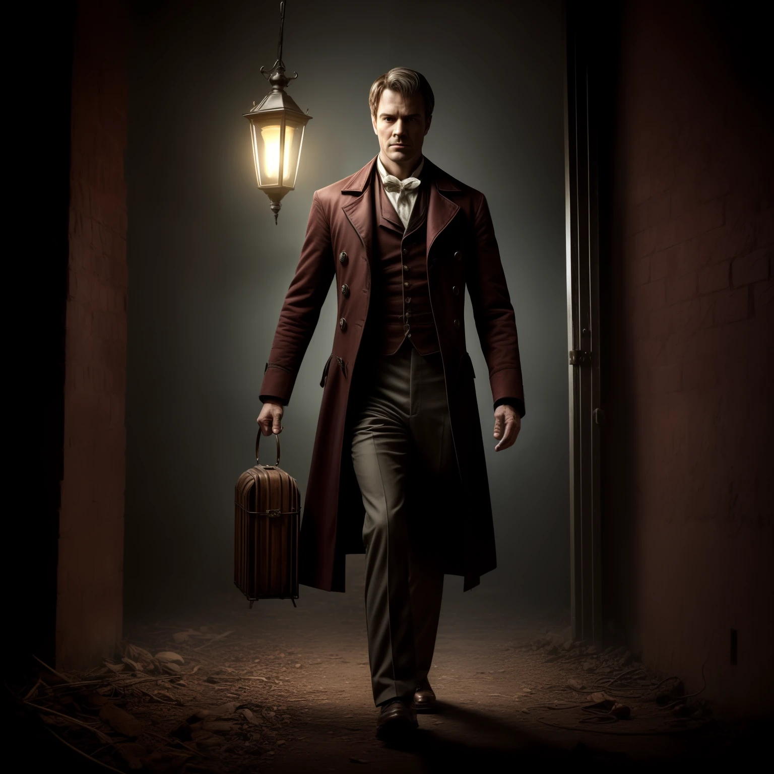 a tall slender lamplighter man from the 1800s in horror movie style, dark and mysterious, movie poster style, full body, warm lighting, hyper realistic, photo realistic, very detailed environment,