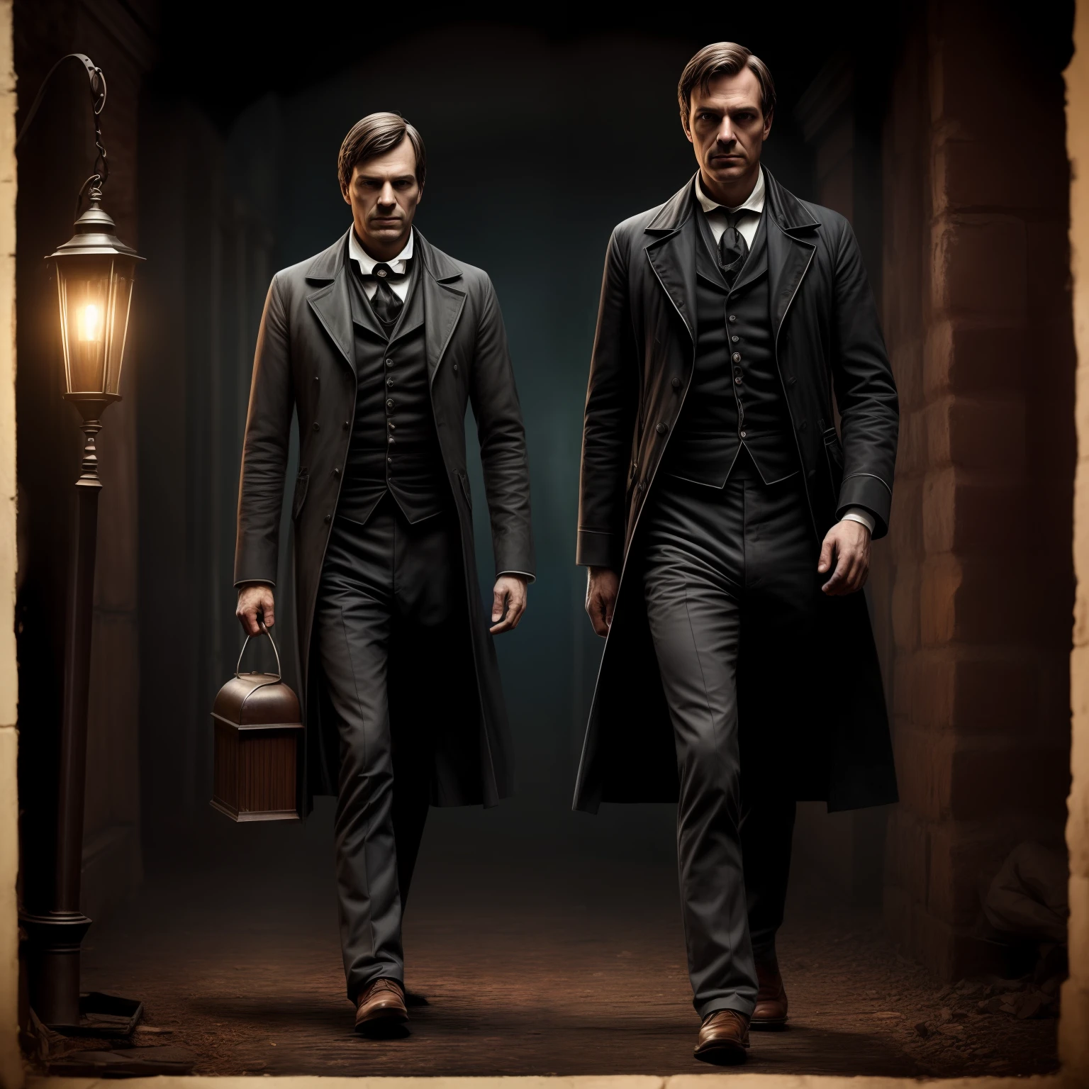 a tall slender lamplighter man from the 1800s in horror movie style, dark and mysterious, movie poster style, full body, warm lighting, hyper realistic, photo realistic, very detailed environment,