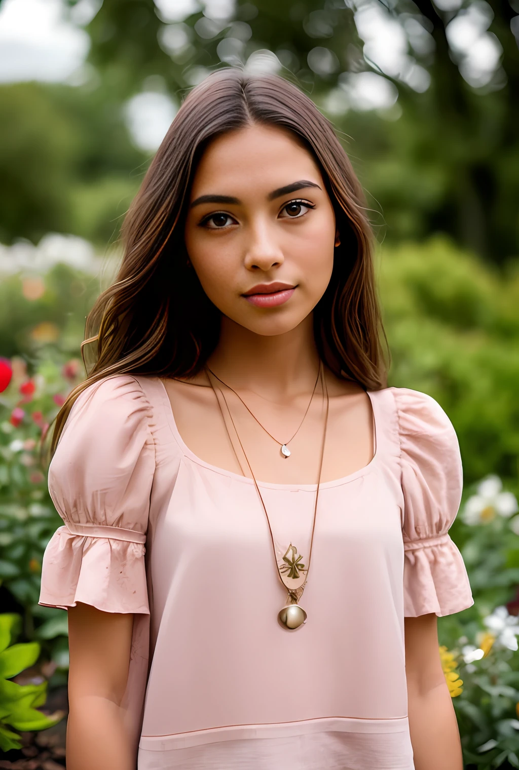 masterpiece, best quality, hyper-realistic, cinematic photo, innocent 20-year-old woman, Latina
pronounced feminine features (tanned skin, authentic skin texture: 1.3), clothing (pink short-sleeved top with puffed sleeves) very long brown hair with blonde highlights, beautiful face ,(garden background), style, (8k, epic composition, photorealistic, sharp focus), elaborate background, DSLR, intricate details, rule of thirds, analog style