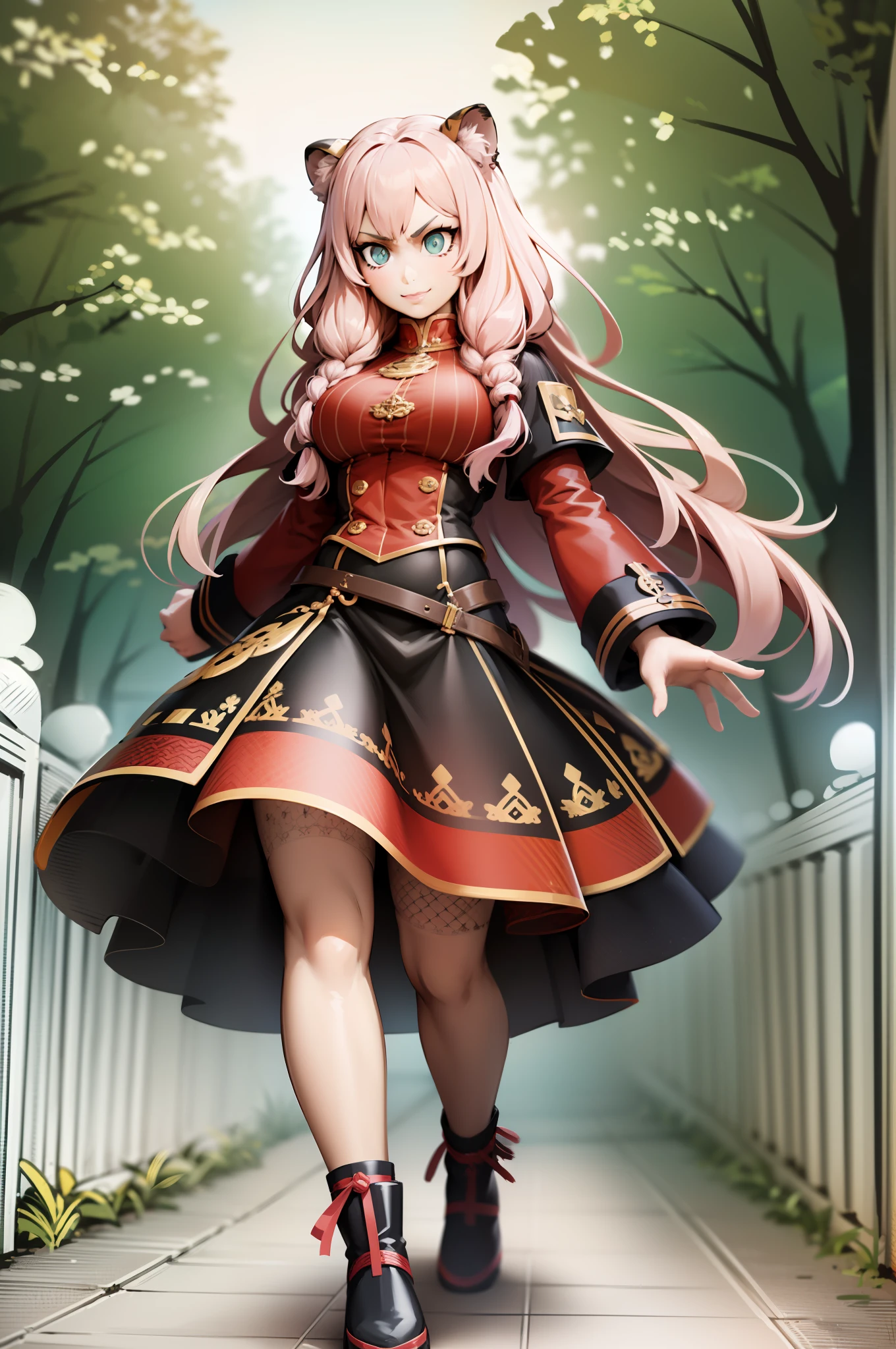, oreilles de tigre, queues de tigre, art martial, poitrine moyenne, cheveux roses, skirt, vest, godess,1girl,coat,walking, solo focus.1character, holy catholic mountain,, goddess, fantasy, mid long skirt, smile, smug