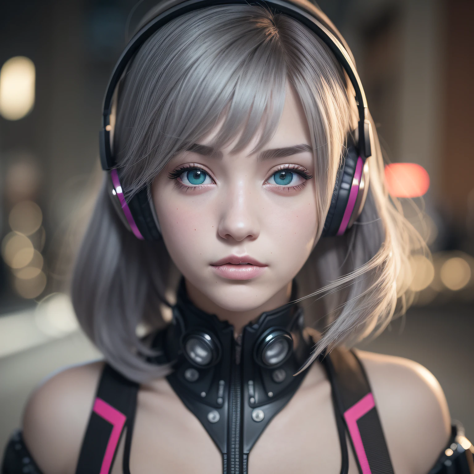 girl with headphones,rainbow hair,eyes with Heterochromia Cyberpunk,8K extremely detailed, smooth, high resolution, ultra quality, highly detailed eyes, highly detailed mouth, highly detailed face, perfect eyes, both eyes are equal, true light, brightness, iridescent, global lighting, real hair movement, real light, real shadow, real face, hd, 2k, 4k, 8k, 16k,  realistic light, realistic shadow, bright eyes, fluorescent eyes, soft light, dream light,Anime, 3D, Japan, Pixar, masterpiece, best quality, half body, portrait, night town next to a lamborghini