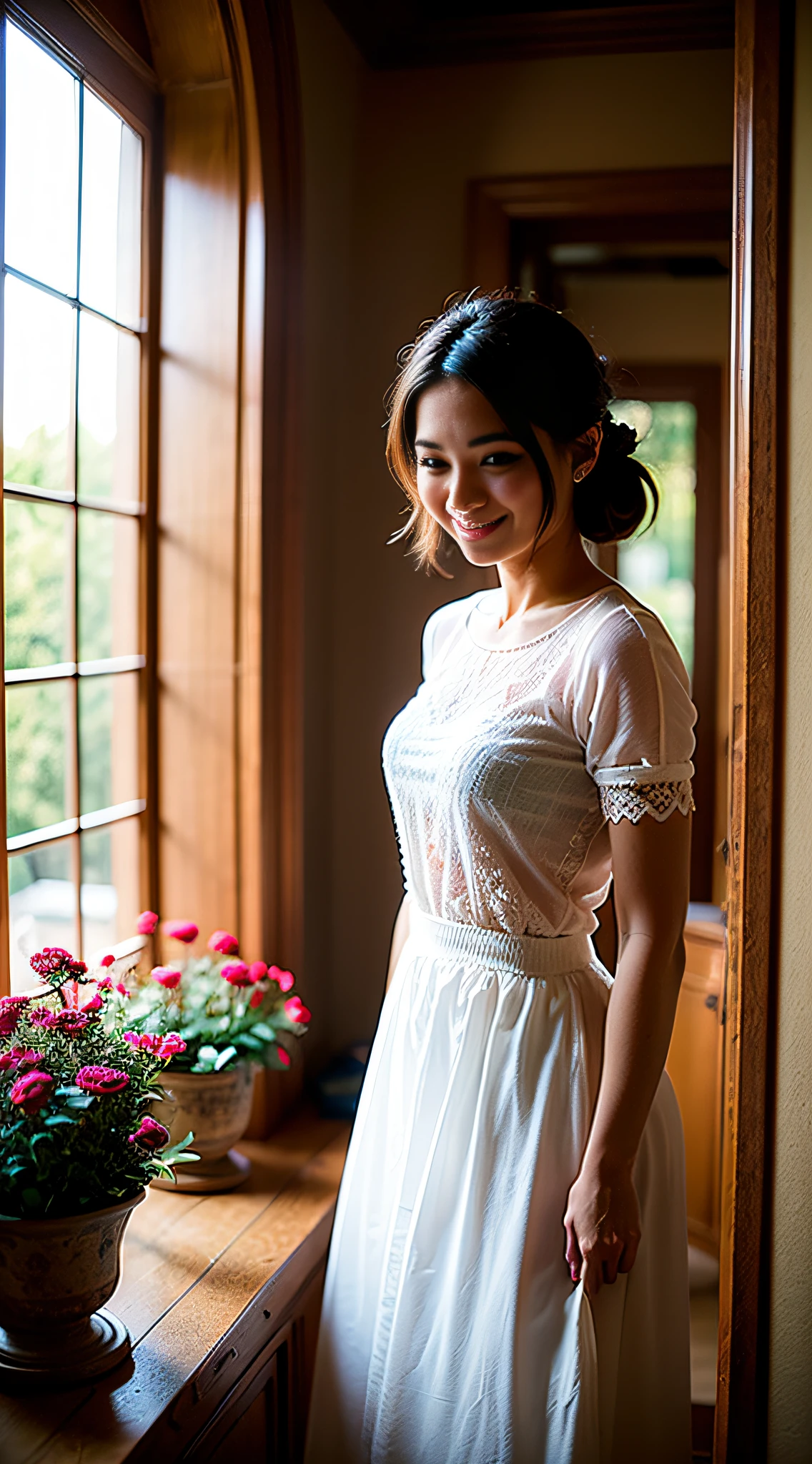 tableclothes, Amazing flowers in classical boroque vase, 1 girl beautiful smile, sun rays window
