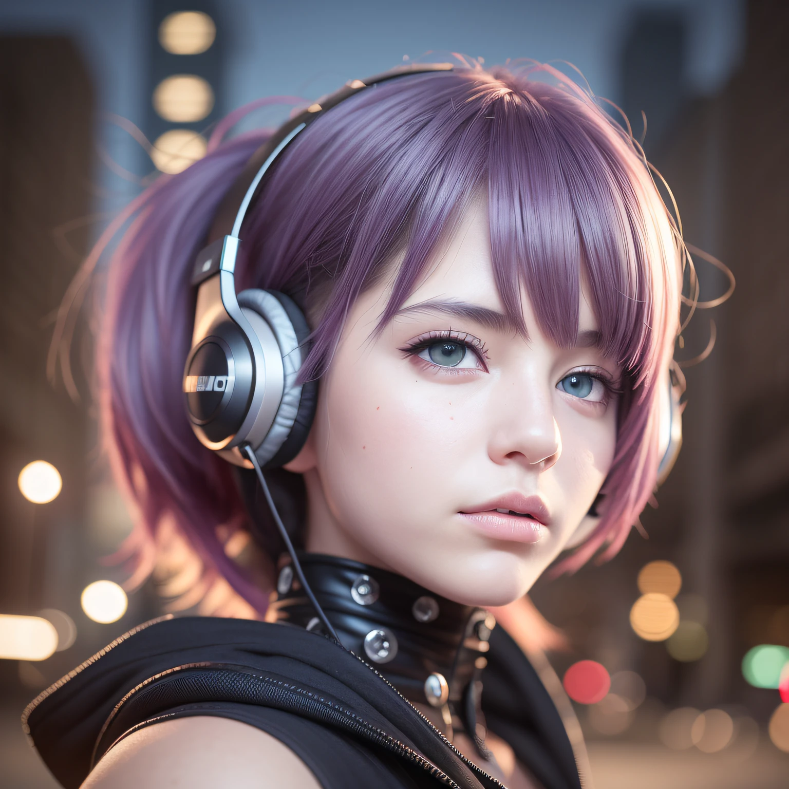 girl with headphones,rainbow hair,eyes with Heterochromia Cyberpunk,8K extremely detailed, smooth, high resolution, ultra quality, highly detailed eyes, highly detailed mouth, highly detailed face, perfect eyes, both eyes are equal, true light, brightness, iridescent, global lighting, real hair movement, real light, real shadow, real face, hd, 2k, 4k, 8k, 16k, realistic light, realistic shadow, bright eyes, fluorescent eyes, soft light, dream light,Anime, 3D, Japan, Pixar, masterpiece, best quality, half body, portrait, night town next to a lamborghini