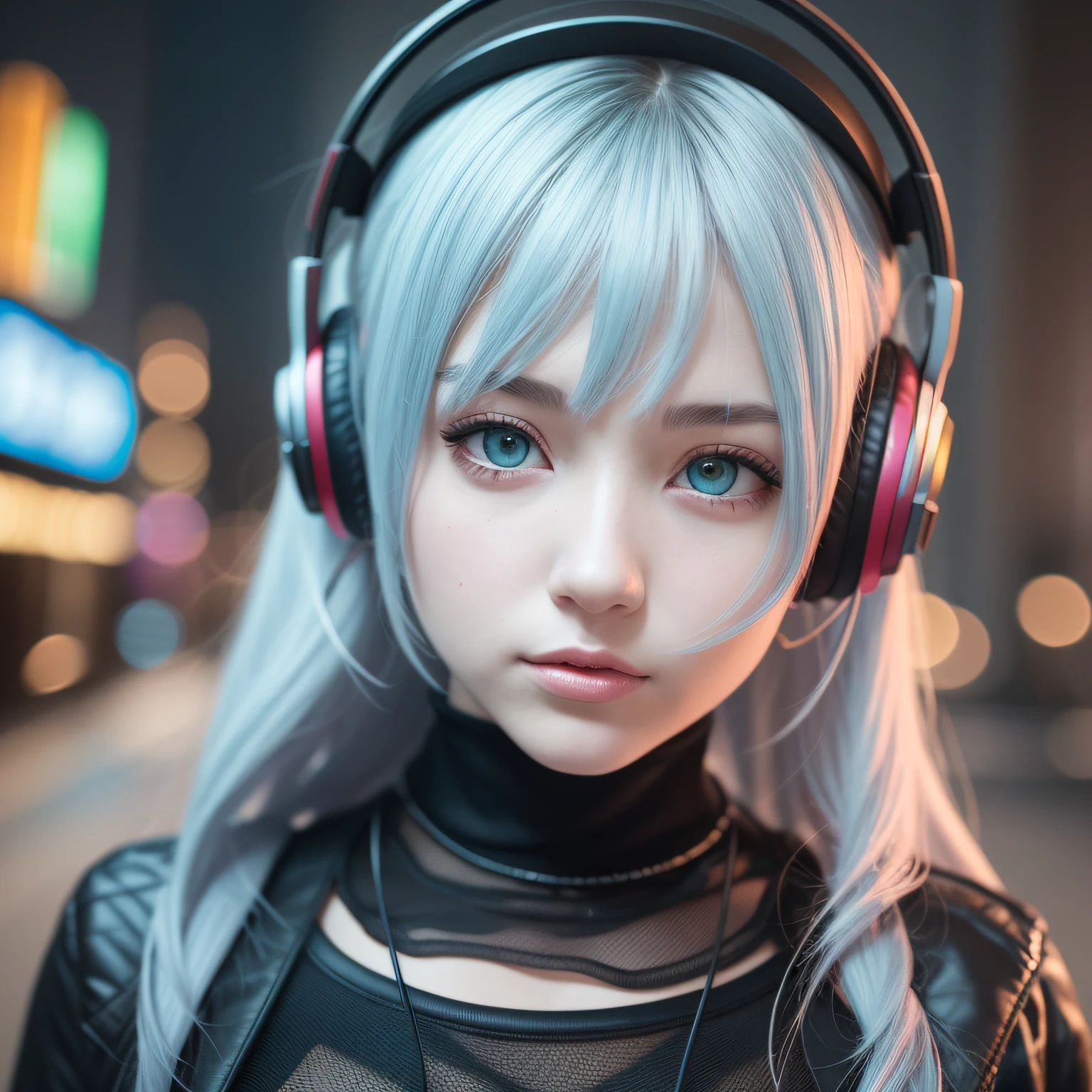 girl with headphones,rainbow hair,eyes with Heterochromia Cyberpunk,8K extremely detailed, smooth, high resolution, ultra quality, highly detailed eyes, highly detailed mouth, highly detailed face, perfect eyes, both eyes are equal, true light, brightness, iridescent, global lighting, real hair movement, real light, real shadow, real face, hd, 2k, 4k, 8k, 16k, realistic light, realistic shadow, bright eyes, fluorescent eyes, soft light, dream light,Anime, 3D, Japan, Pixar, masterpiece, best quality, half body, portrait, night town next to a lamborghini