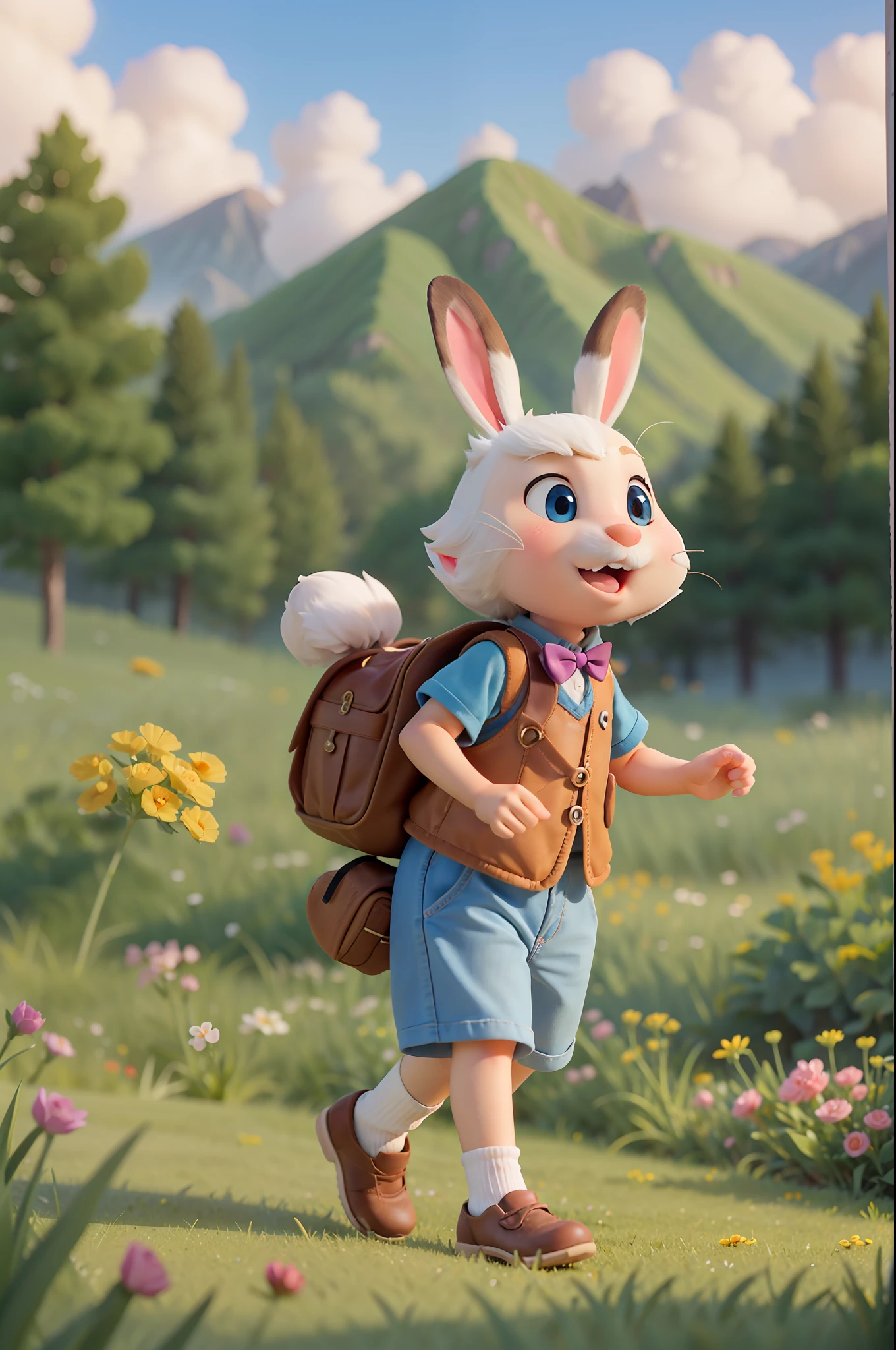 Through meadows and mountains, the little male rabbit set his sight, Exploring the world with pure delight. the little male rabbit sailed on clouds and danced with the breeze, Discovering treasures