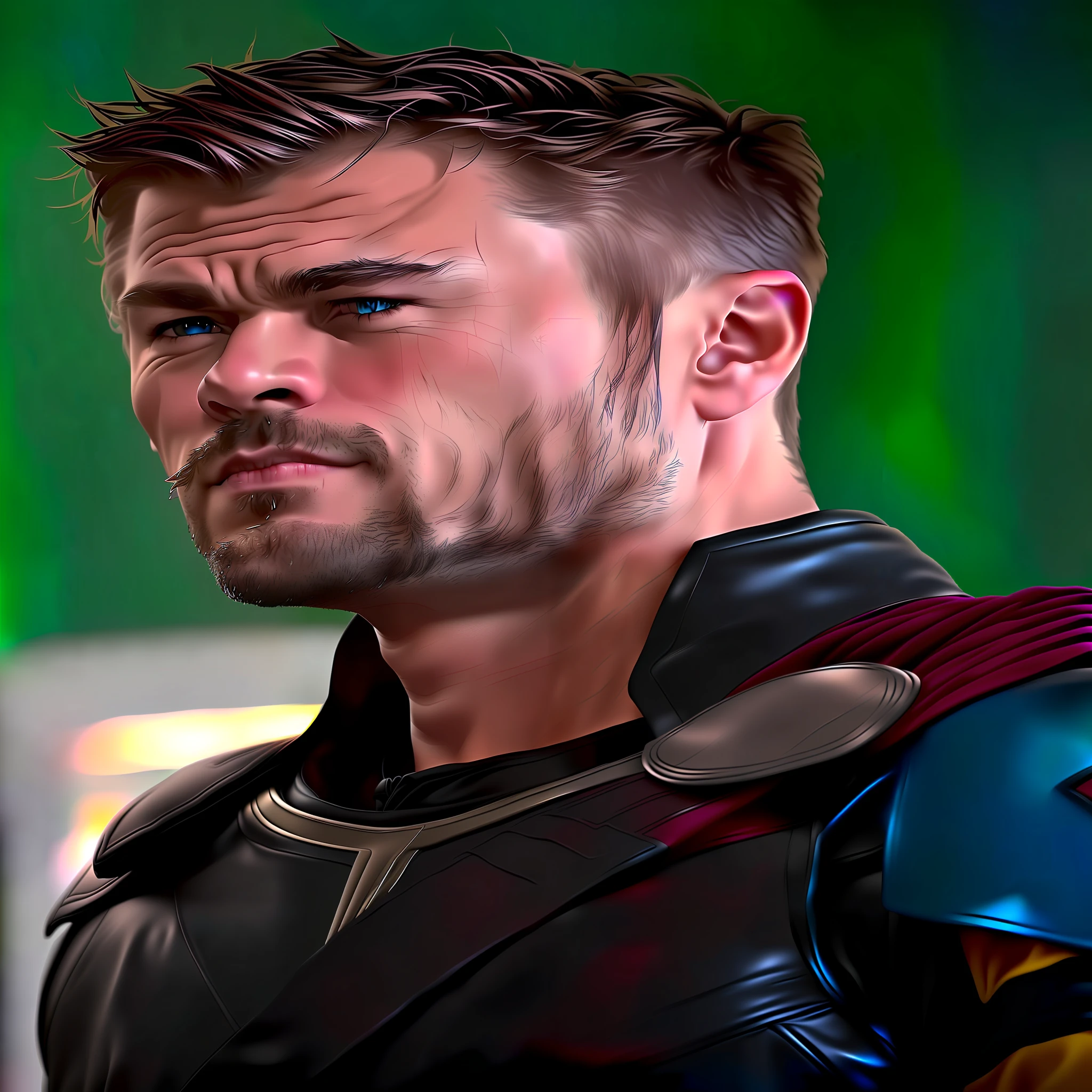 A closeup of a man with a beard and leather jacket, starring in the movie Thor Ragnarok, still 'Thor' movie, Chris Hemsworth, Thor, Asgardian, Medium Close-Up (MCU), Portrait of Homelander, Homelander by The Boys, Chris Hemsworth Portrait, Bryan Cranston as Thor, Homelander, God of Thunder, black hair