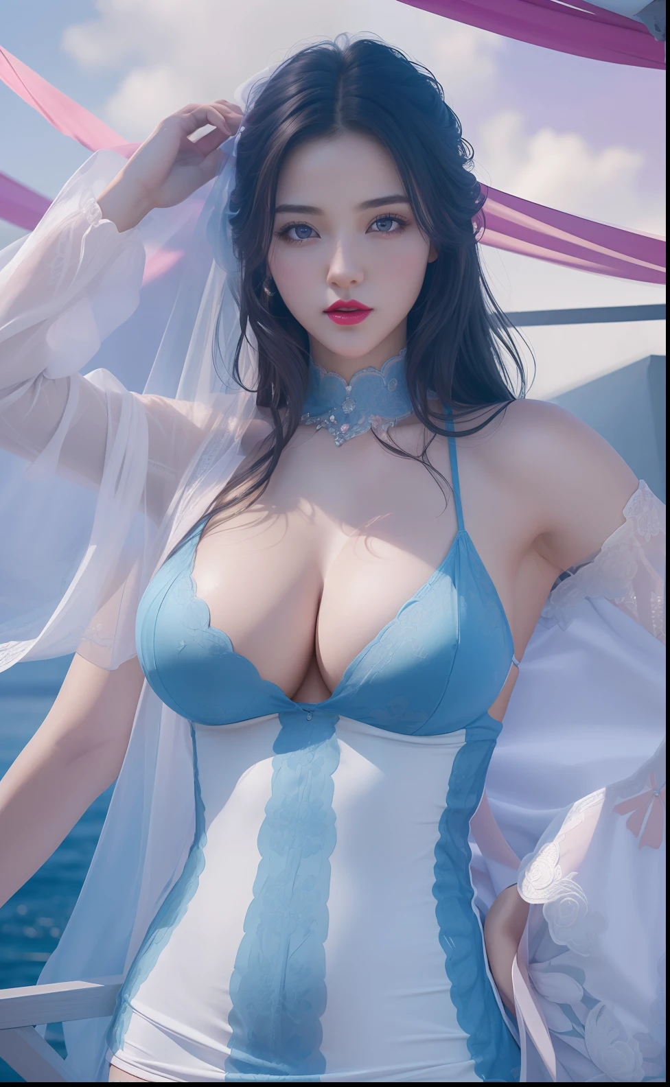 (masterpiece, best quality, extremely detailed 8k, ultra hd, ultra-detailed, highly detailed, highly realistic, ultra-realistic, photo realistic), (1girl:1.5), (detailed realistic skin), (realistic big breasts), (pink lipstick), slender abs,