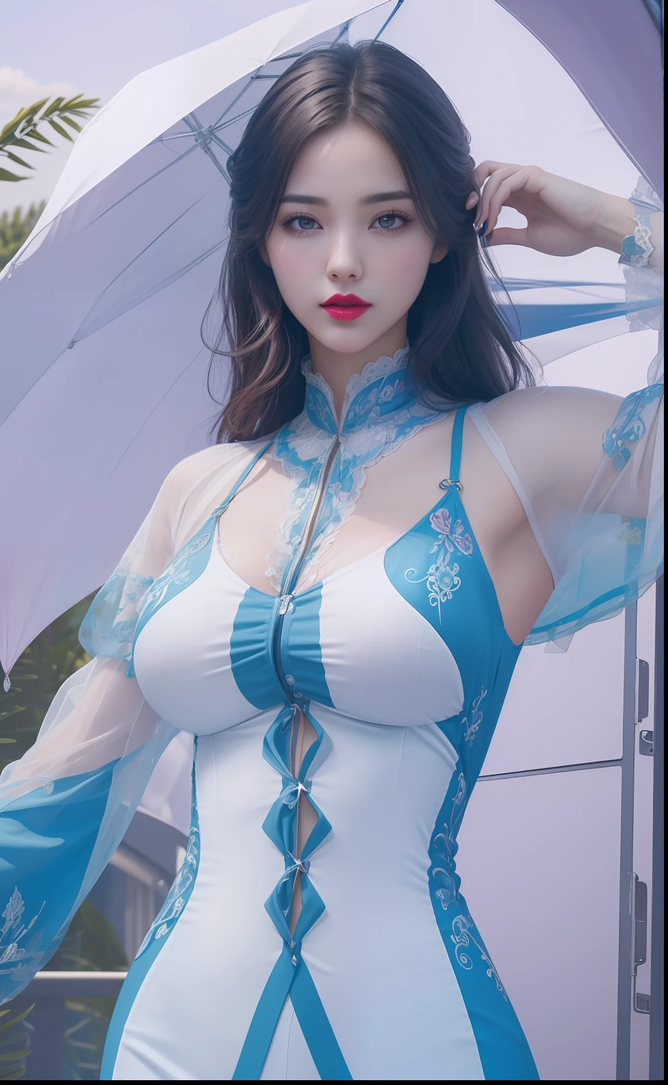 (masterpiece, best quality, extremely detailed 8k, ultra hd, ultra-detailed, highly detailed, highly realistic, ultra-realistic, photo realistic), (1girl:1.5), (detailed realistic skin), (realistic big breasts), (pink lipstick), slender abs,