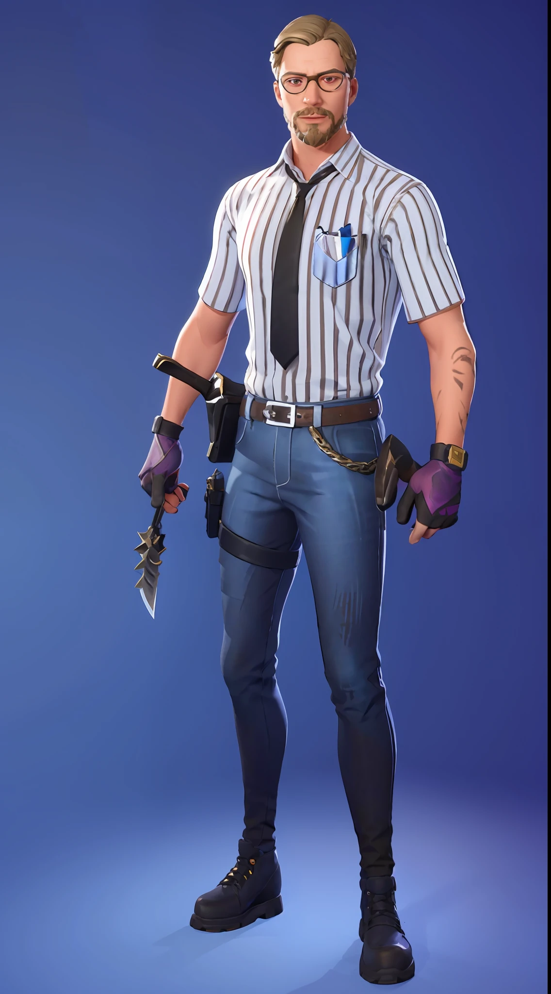 Matthew Lillard, old, hair, white, beard, white, eyeglasses, shirt, light brown, thin stripes, black, tie, black, pants, jeans, black, shoe, social, brown, shirt sleeve raised, knife in hand (cycles render:1.3), caustic, purple background, purple background, (bright:0.56), (artstation:0.81), unreal engine, fortnite