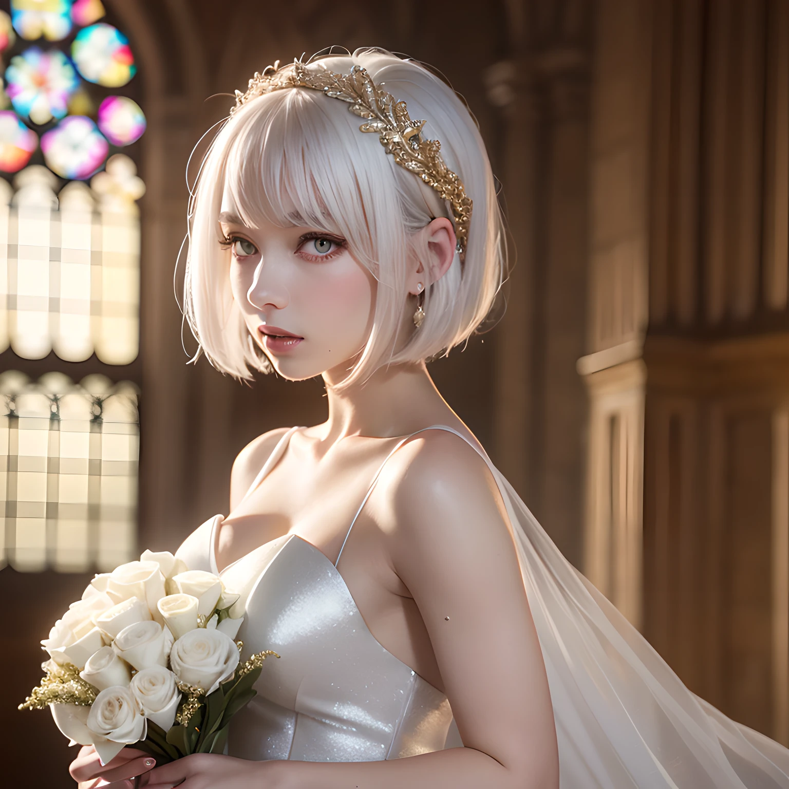 textured skin, masterpiece, best quality, (cinematic lighting), (sparkle), (wet eyes:0.8), woman holding bouquet in hand, running, hair band, silver hair, bob cut, golden eyes, ((((white prom dress)))), church, bell