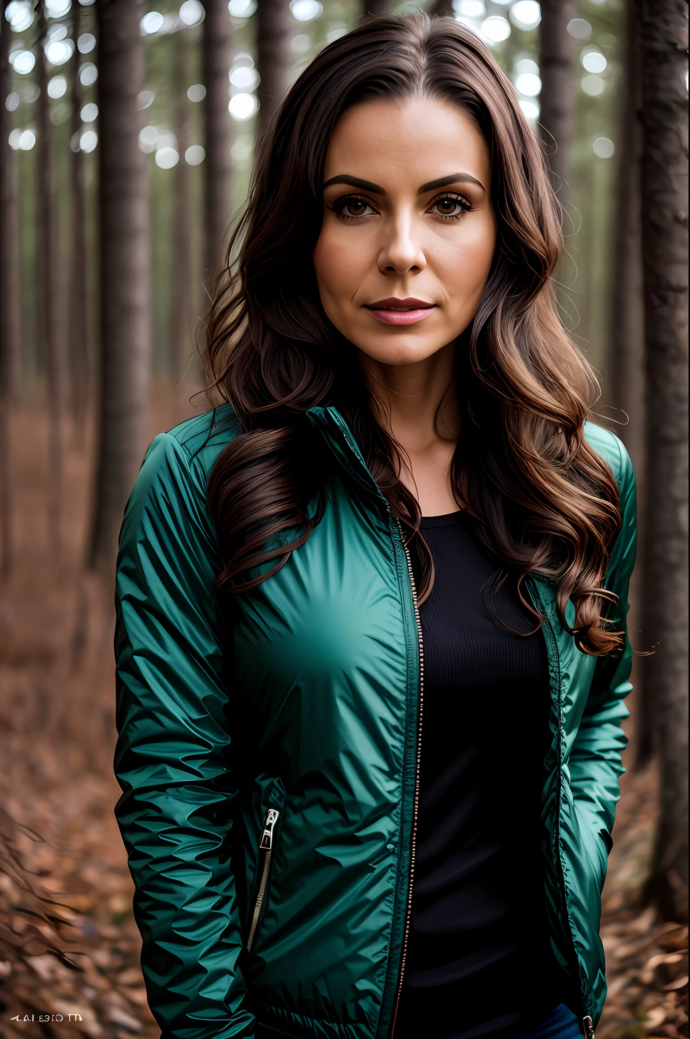 close up of a european woman, wavy hair, kendralust jacket, winter forest, natural skin texture, 24mm, 4k textures, soft cinematic light, RAW photo, photorealism, photorealistic, intricate, elegant, highly detailed, sharp focus, ((((cinematic look)))), soothing tones, insane details, intricate details, hyperdetailed, low contrast, soft cinematic light, dim colors, exposure blend, hdr, faded