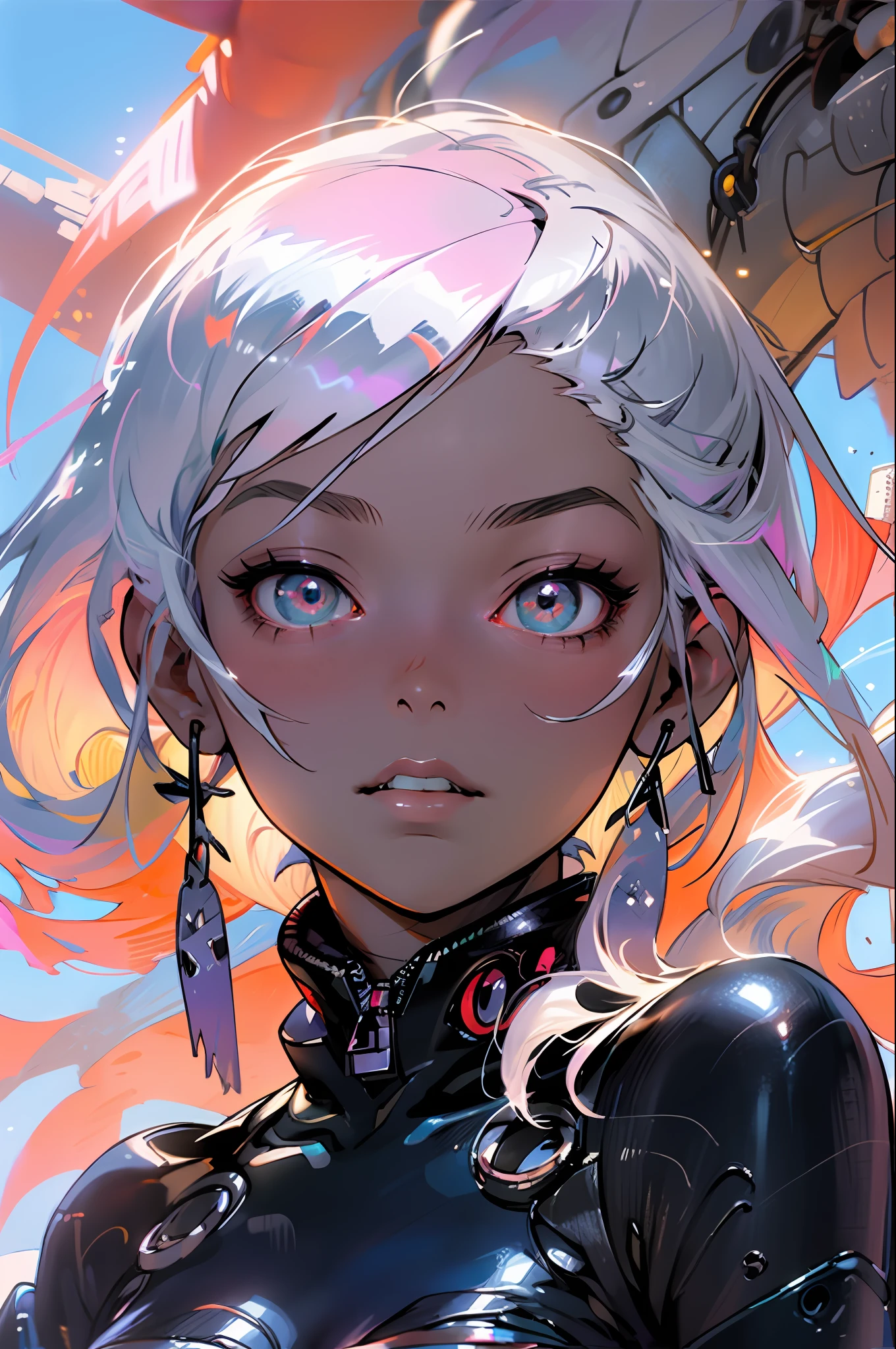 Original character, Volumetric lighting, Best shadows, Shallow depth of field, Portrait of a stunningly beautiful girl, Small, Delicate beautiful attractive face. (Top Quality, Amazing Details: 1.25), (Solo: 1.3), Bright Colorful Paintings Create an incredibly detailed drawing of the character Yoko from the anime Gurren Lagann in a space environment. Let Yoko be photographed up close to show all the details of her gorgeous appearance. Please provide the highest quality and maximum detail to ensure that every line, shadow and texture is clear and realistic. Use clear focus to especially reflect her vivid facial expressions and her characteristic features, such as hair, eyes, and clothing.

Add a space environment with neon lights and a colorful spectrum to create a futuristic, exotic atmosphere. Let these lights illuminate and enhance the beauty and elegance of Yoko. Short, narrow 
 Top, in love. Watermelon

Please make the drawing accurate and consistent with Yoko's appearance from the anime Gurren Lagann. Waterfall, oasis, furs, transformers