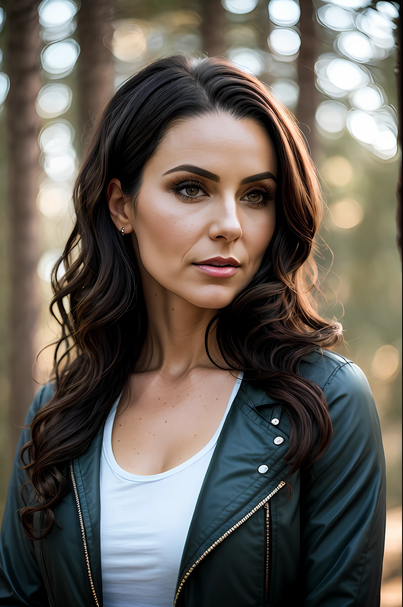 close up of a european woman, wavy hair, kendralust jacket, winter forest, natural skin texture, 24mm, 4k textures, soft cinematic light, RAW photo, photorealism, photorealistic, intricate, elegant, highly detailed, sharp focus, ((((cinematic look)))), soothing tones, insane details, intricate details, hyperdetailed, low contrast, soft cinematic light, dim colors, exposure blend, hdr, faded