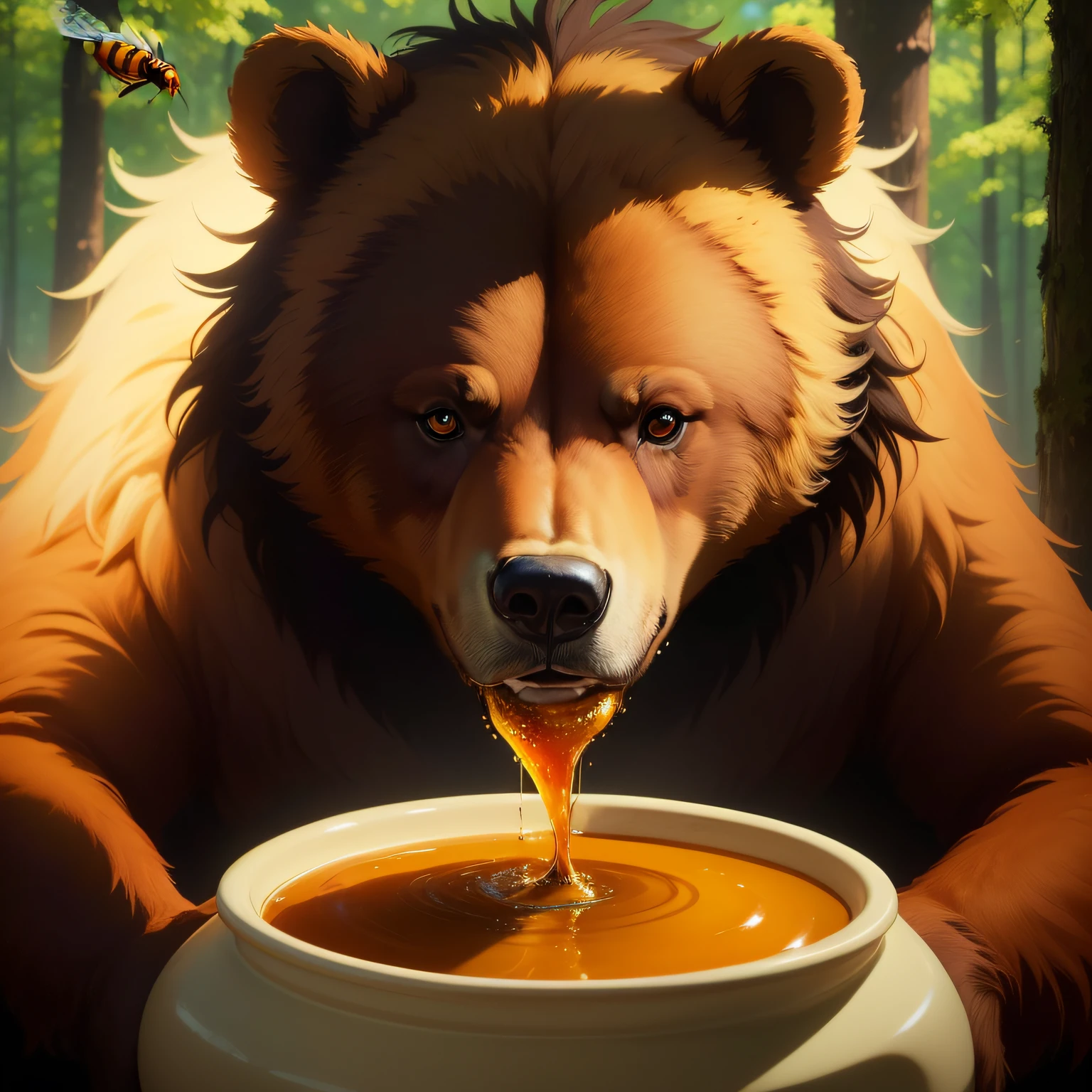 there is a bear that is eating honey from a bowl and there are many bees, anthropomorphic bear portrait, honey, animated film, netflix, wojtek fus, bear, alexey egorov, made of honey, sergey zabelin, animated film still, animated film still, screenshot of anime film, by Aleksander Gierymski, by Igor Grabar