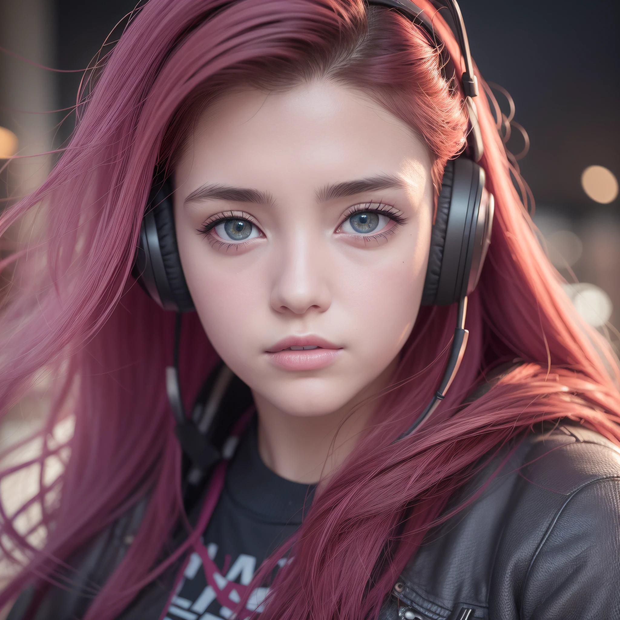 girl with headphones ,rainbow hair red eyes cyberpunk,8k extremely detailed, smooth, high resolution, ultra quality, highly detailed eyes, highly detailed mouth, highly detailed face, perfect eyes, both eyes are equal, true light, brightness, iridescent, global lighting, real hair movement, real light, real shadow, real face, hd, 2k, 4k, 8k, 16k, realistic light,  realistic shadow, bright eyes, fluorescent eyes, soft light, dream light,anime, 3d, japan, pixar, masterpiece, best quality, , portrait, night city with one at lamborghin background