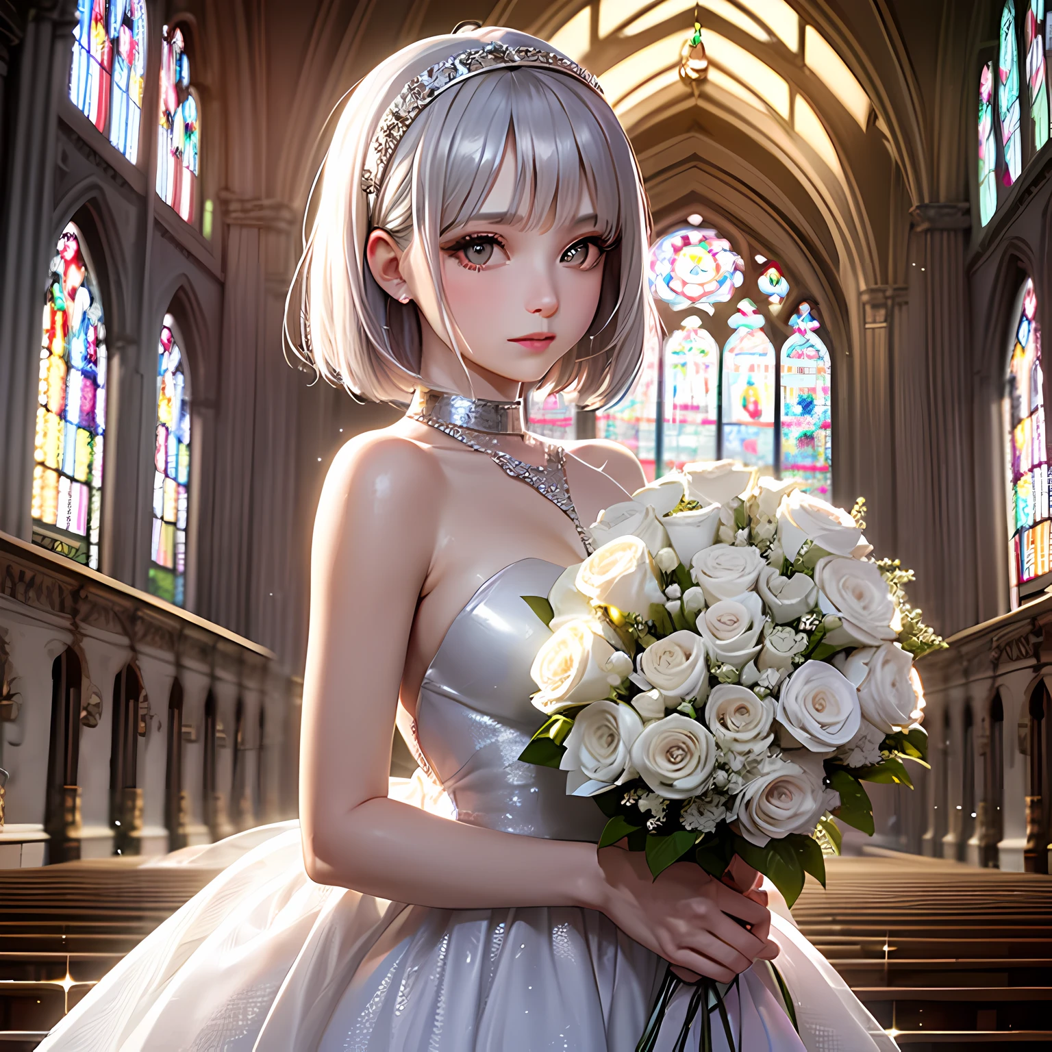 textured skin, masterpiece, best quality, (cinematic lighting), (sparkle), (wet eyes:0.8), woman holding bouquet in hand, running, hair band, silver hair, bob cut, golden eyes, ((((white prom dress))), church, sound of bells
