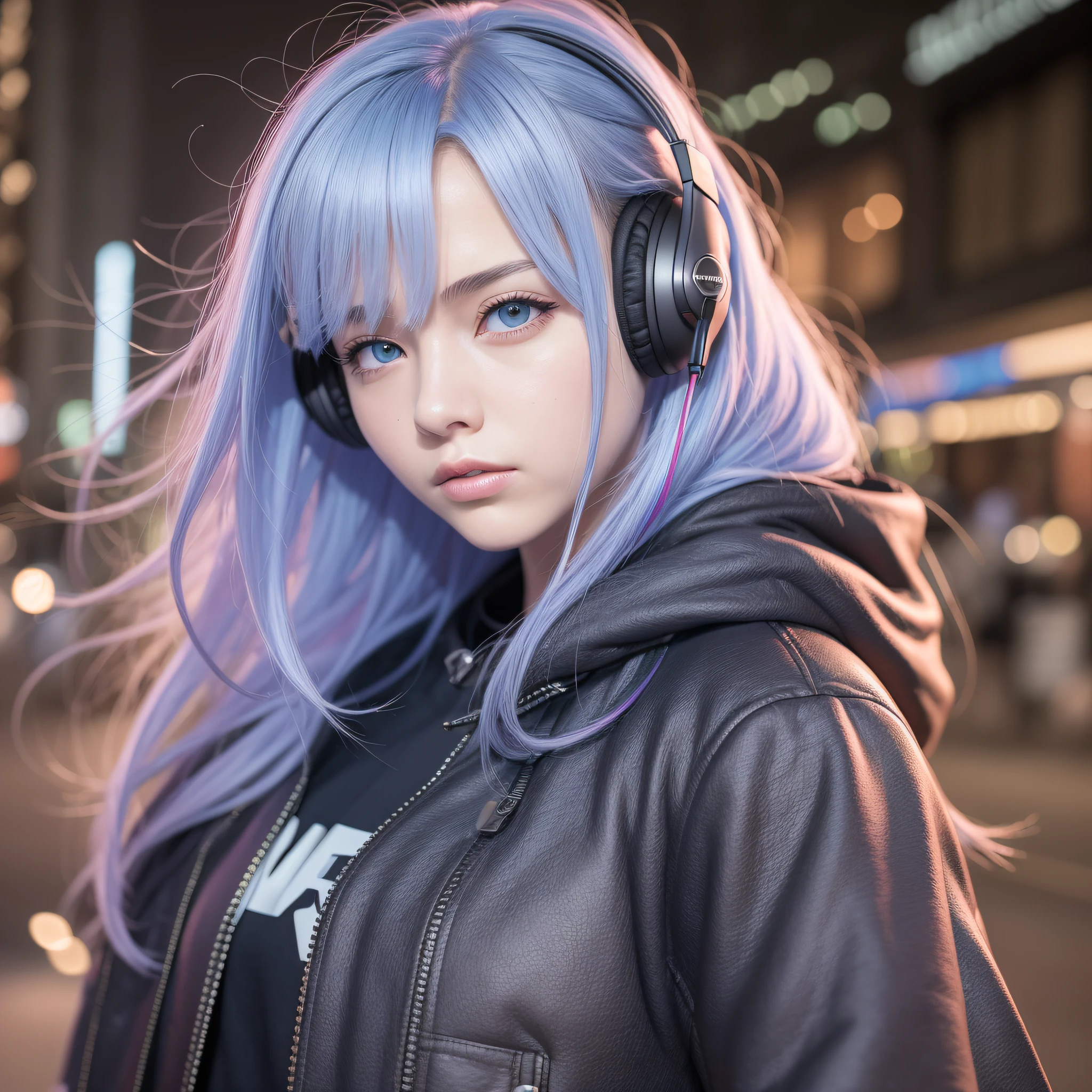 girl with headphones ,rainbow hair red eyes cyberpunk,8k extremely detailed, smooth, high resolution, ultra quality, highly detailed eyes, highly detailed mouth, highly detailed face, perfect eyes, both eyes are equal, true light, brightness, iridescent, global lighting, real hair movement, real light, real shadow, real face, hd, 2k, 4k, 8k, 16k, realistic light, realistic shadow, bright eyes, fluorescent eyes, soft light, dream light,anime, 3d, japan, pixar, masterpiece, best quality, , portrait, night city with one at lamborghin background