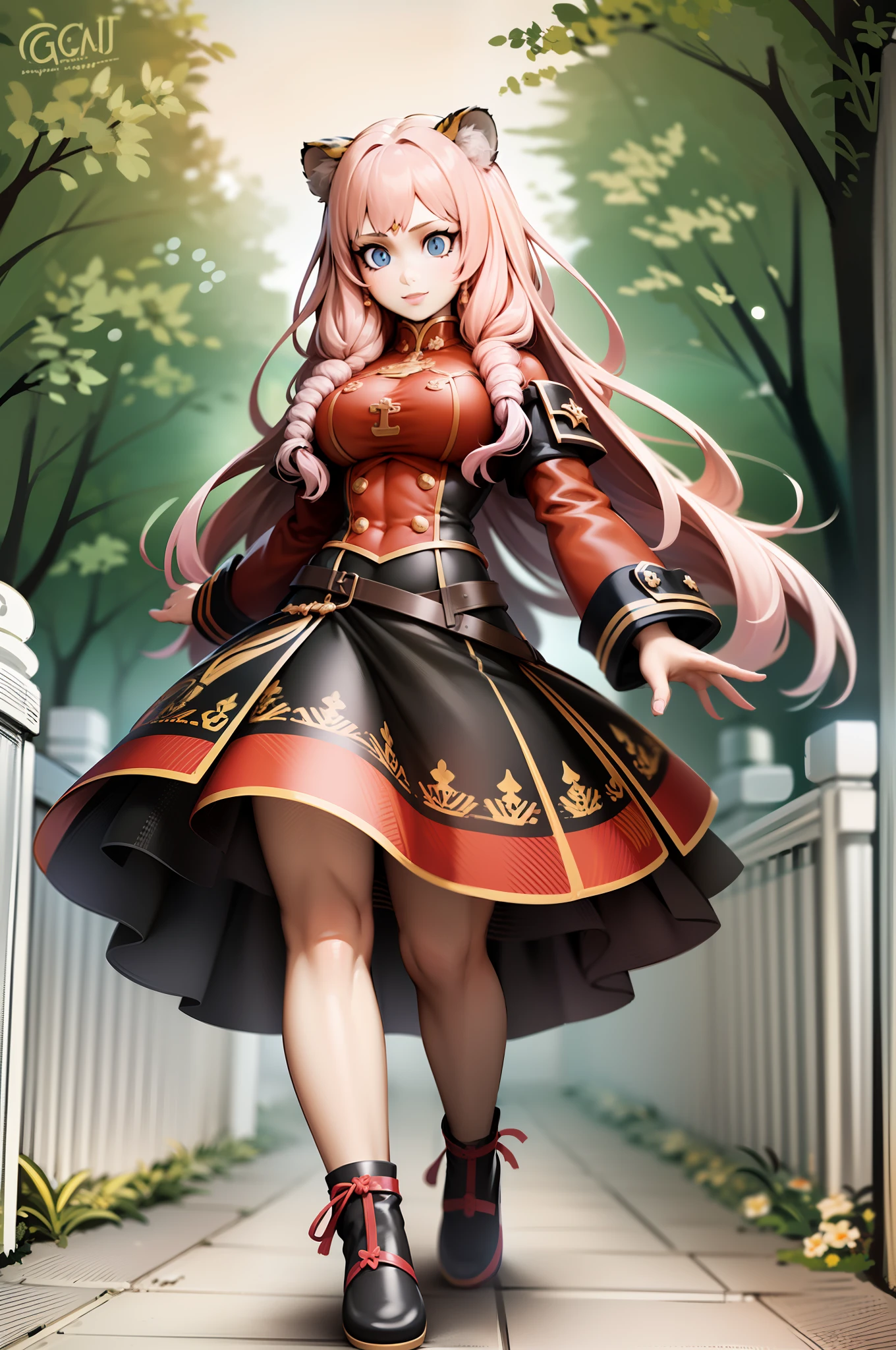 little girl, tiger ears, tiger tails, martial art, medium chest, pink hair, skirt, jacket, godess,1girl,coat,walking, solo focus.1character, holy catholic mountain,, goddess, fantasy, mid long skirt, smile